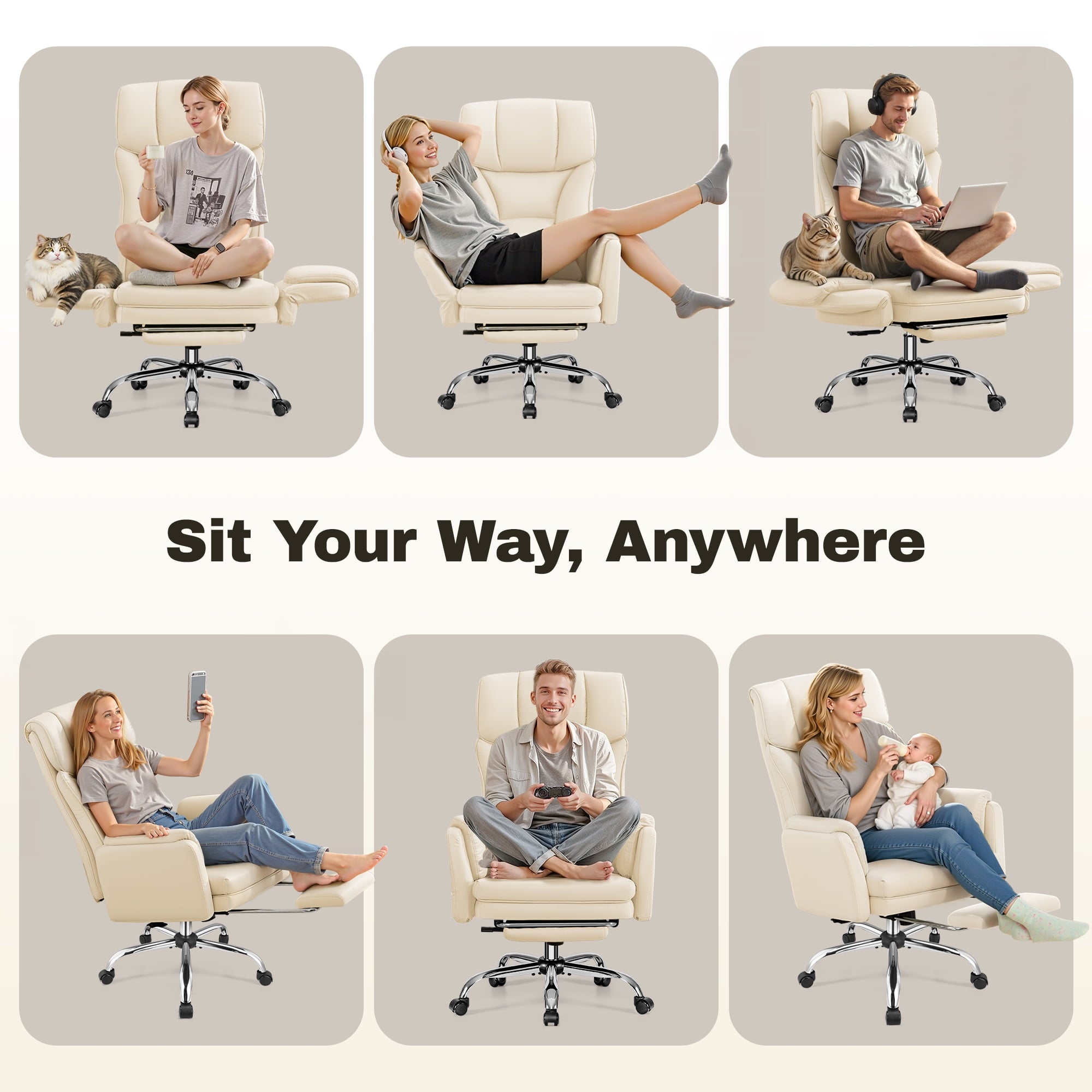 Primy Cross Legged Office Chair with Footrest & Convertible Armrests, 500LBS Capacity Home Desk Chair, Ergonomic Recliner with Lumbar Pillow, Criss Cross Design, Big and Tall Executive Chair