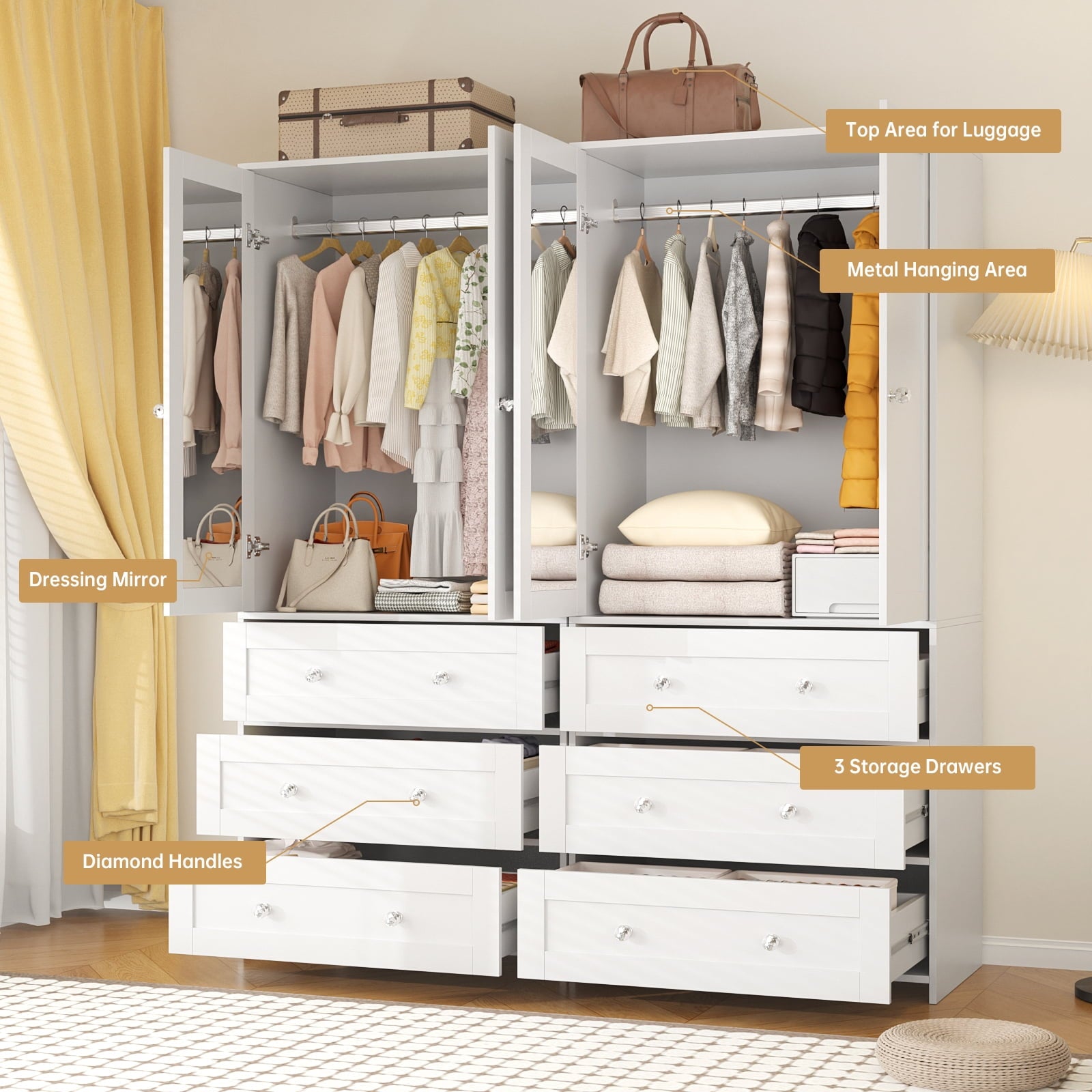 Richya Wooden Freestanding Wardrobe Closet Cabinet with 3 Drawers,Modern Wood Closet Storage Cabinet for Bedroom