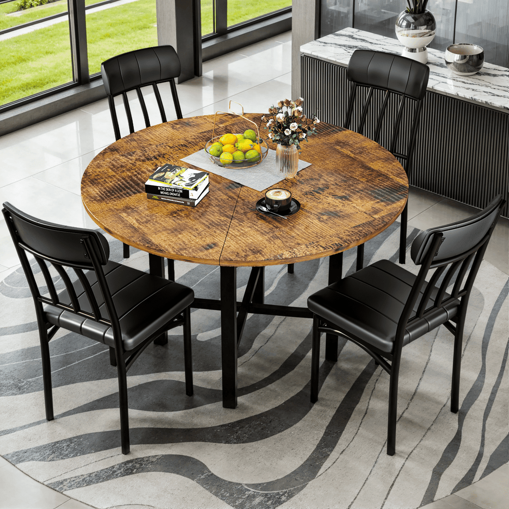 Lamerge Round Dining Table Set for 4,Wood Round Kitchen Table and Chairs Set for 4,Modern Dining Room Table Set with 4 Faux Leather Chairs,Round Dinner Table for Small Space,Brown