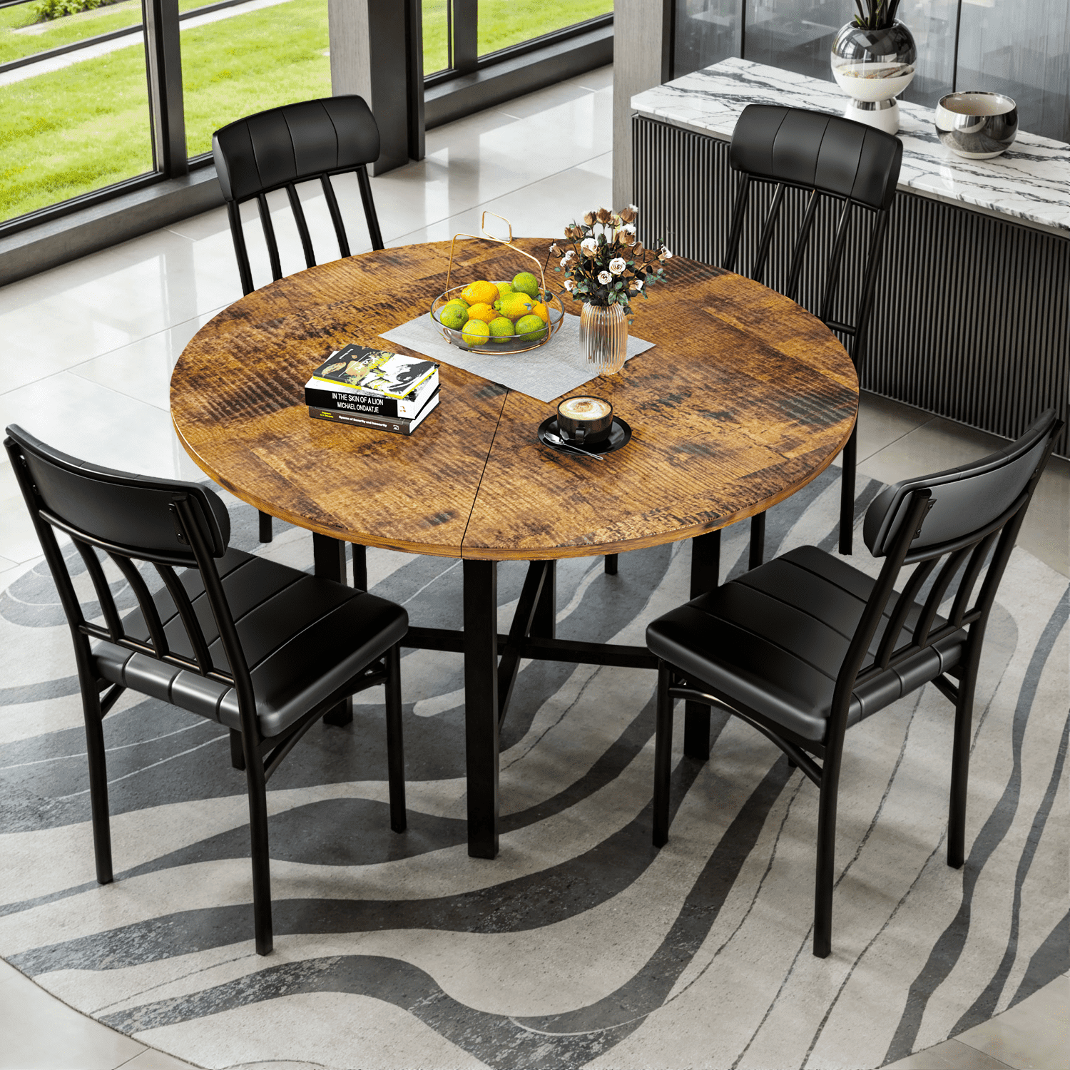 Lamerge Round Dining Table Set for 4,Wood Round Kitchen Table and Chairs Set for 4,Modern Dining Room Table Set with 4 Faux Leather Chairs,Round Dinner Table for Small Space,Brown