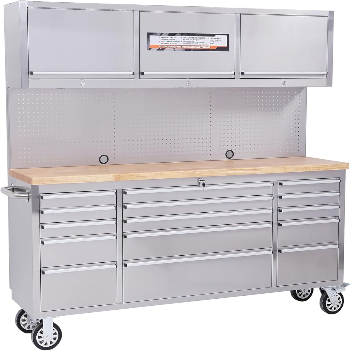 Danolapsi 72 Inch Rolling Tool Cabinet, Heavy-Duty Garage Workbench with 15 Drawers & 3 Cabinets, Steel Frame Workshop Table for Mechanics, Garage Organization, Large Tool Bench Storage with Pegboard