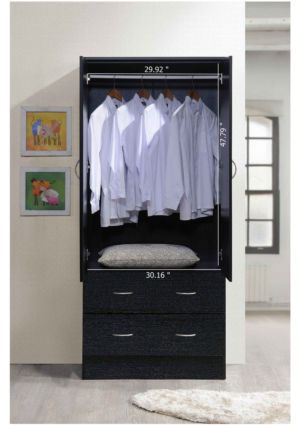 Hodedah 2-Door Armoire with 2-Drawers and Clothing Rod in Black