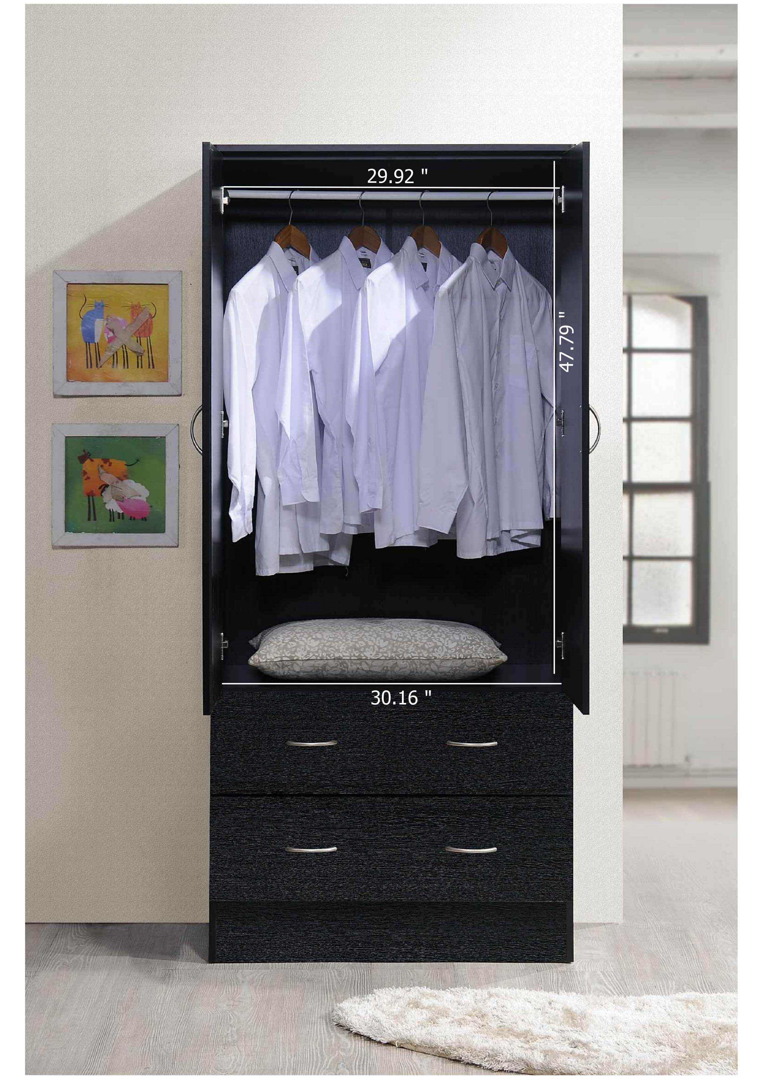 Hodedah 2-Door Armoire with 2-Drawers and Clothing Rod in Black