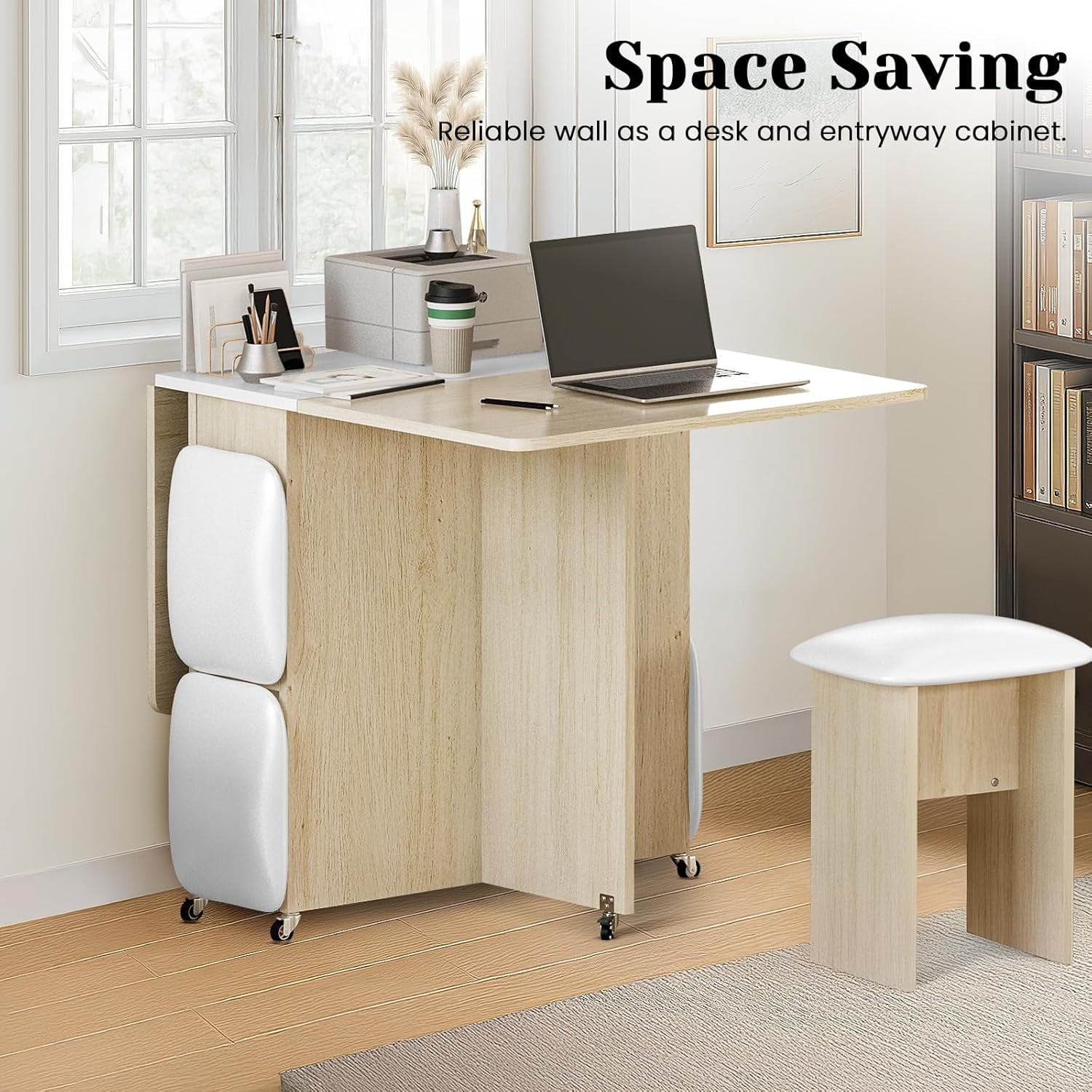 MIERES Folding Dining Table Set for 4, Dinner Table with 4 Leather Chairs and Shelves, Space Saving Foldable Dining Table with 6 Wheels, Kitchen Table for Small Spaces (Grey)
