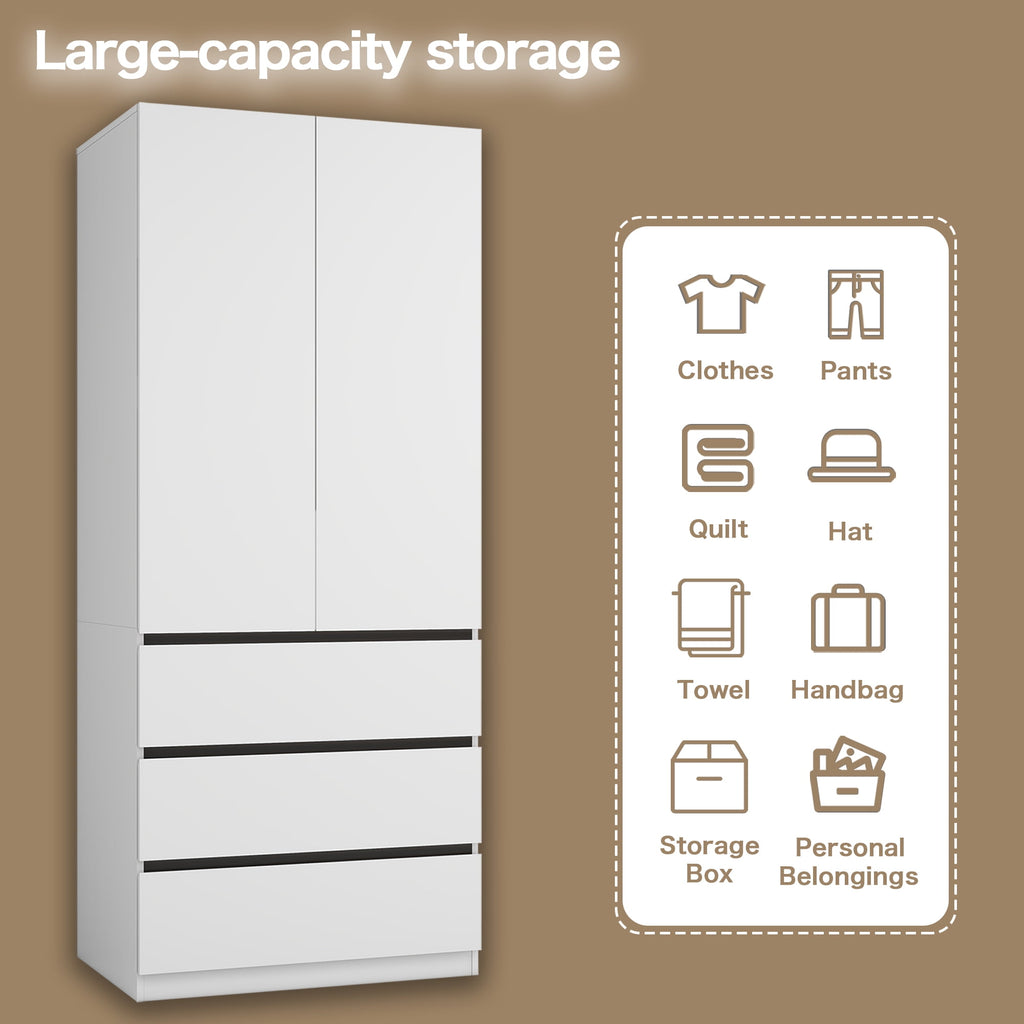 74.8''H Wooden Wardrobe Closet with 3 Drawers & Hanging Rod, 2-Door Armoire Cabinet with Smooth Drawer Slides for Bedroom