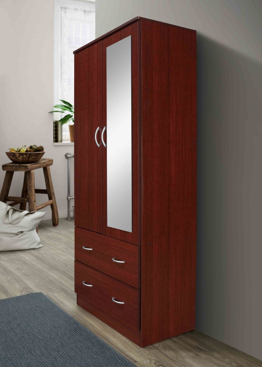 Hodedah Two Door Wardrobe with Two Drawers and Hanging Rod plus Mirror, Black