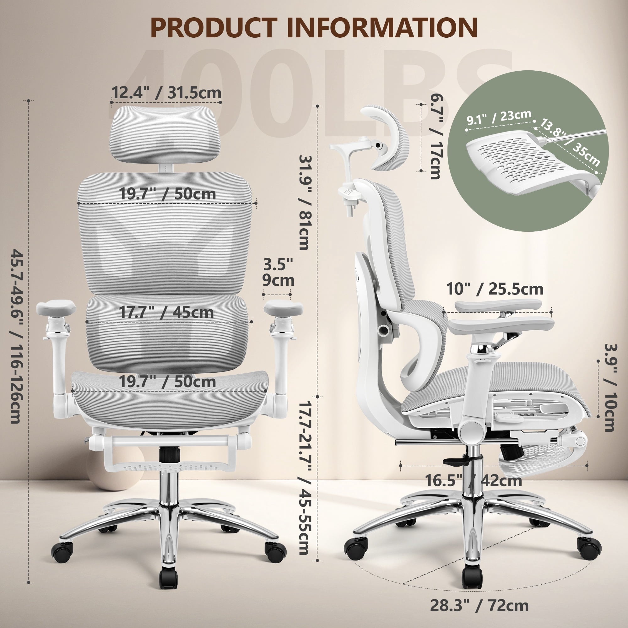 COOLHUT Ergonomic Mesh Office Chair with Footrest, Big and Tall Computer Desk Chair with Adjustable Lumbar Support, Headrest and Armrest, High Back Home Office Chair for Workspace, 300LBS, Black