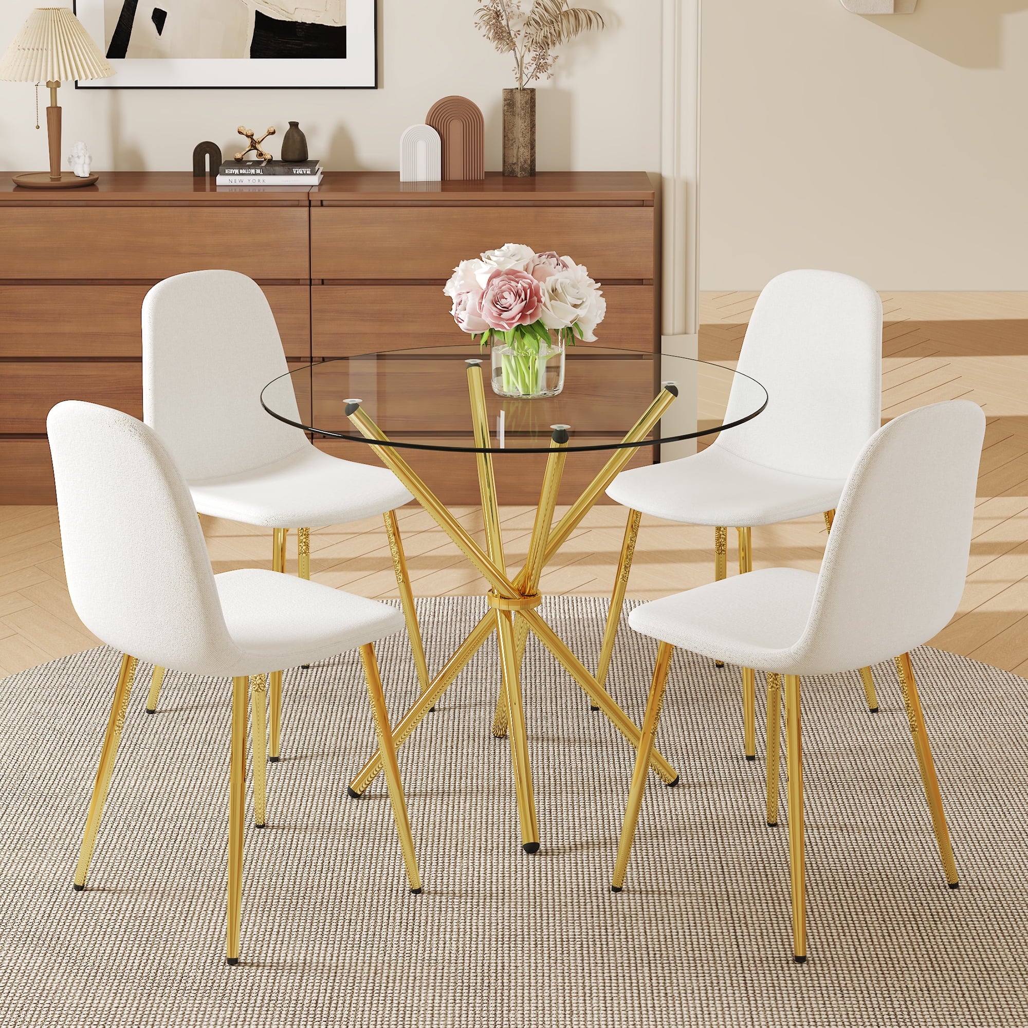 LUFTUT 36.6 Round Glass Dining Table, Modern Gold Base Kitchen Table, Small Space Bistro Table, Clear Tempered Glass Top for Apartmen