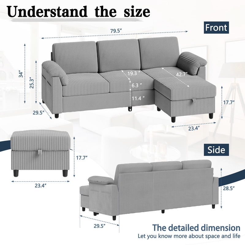 Walsunny 69 Convertible Sectional Sofa Couch with Storage Ottoman,L Shaped Sofa with Removable Pillows & Linen Fabric, Modern 3-Seat Couch with Reversible Storage Chaise,Dark Gray