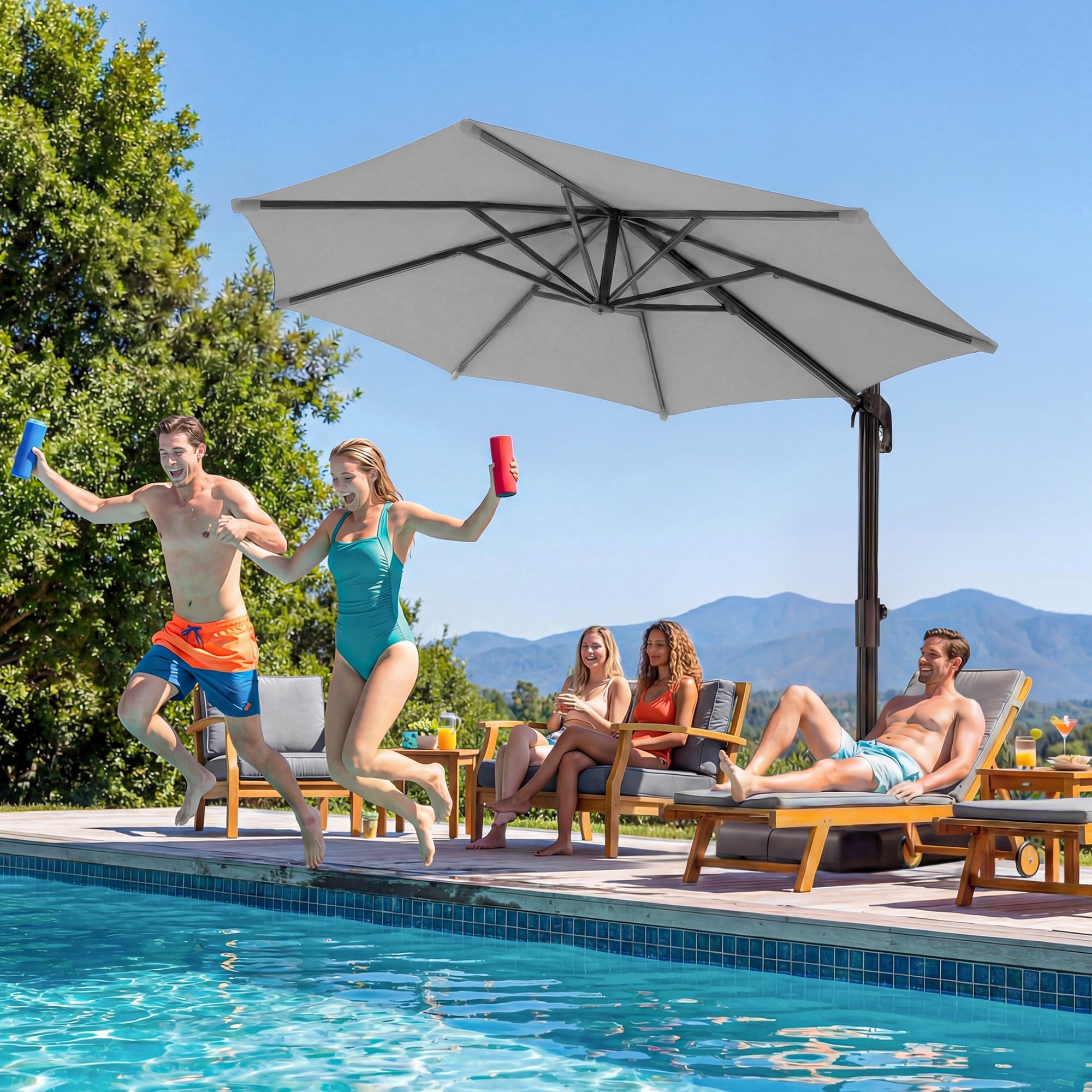 LAUSAINT HOME 10 Feet Patio Umbrella, Outdoor Large Cantilever Round Windproof Patio Offset Umbrella with 360° Rotation for Backyard, Gray