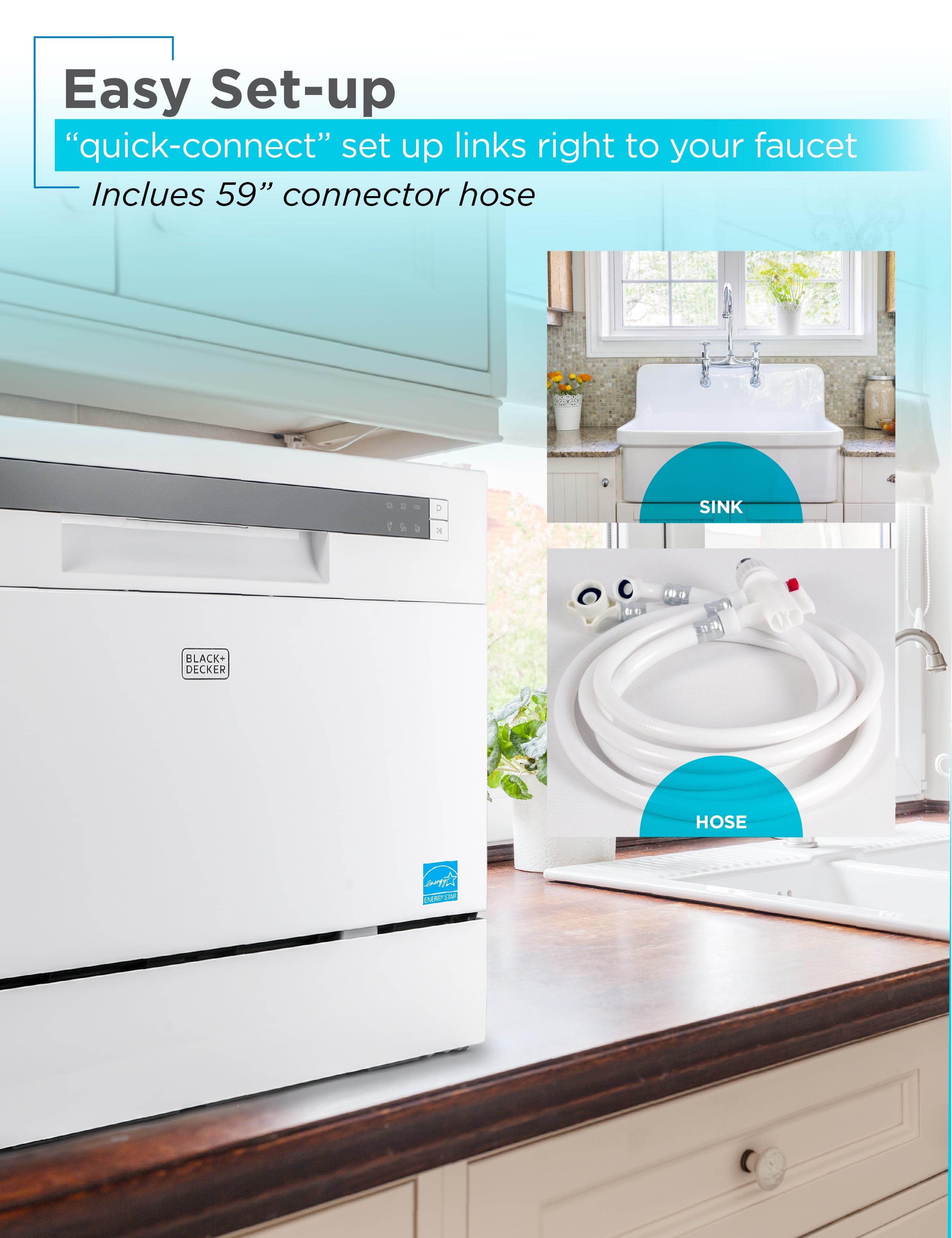 BLACK+DECKER 6-Place Setting Compact Countertop Dishwasher, Accommodates up to 10-In. Dinner Plates, BCD6W