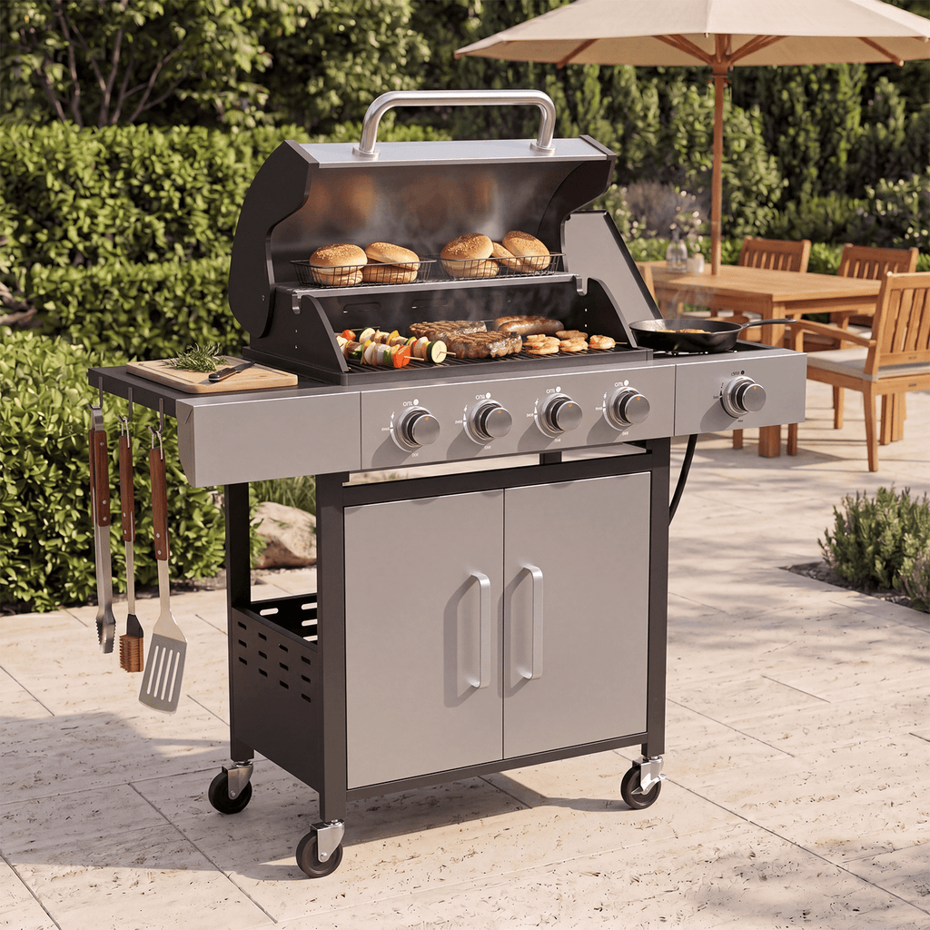 Clouddwell 4 Burner Gas Propane Grill, with 4 Casters, Side Table, and Thermometer, Patio Garden BBQ Grill Perfect for Camping, Black and Silver