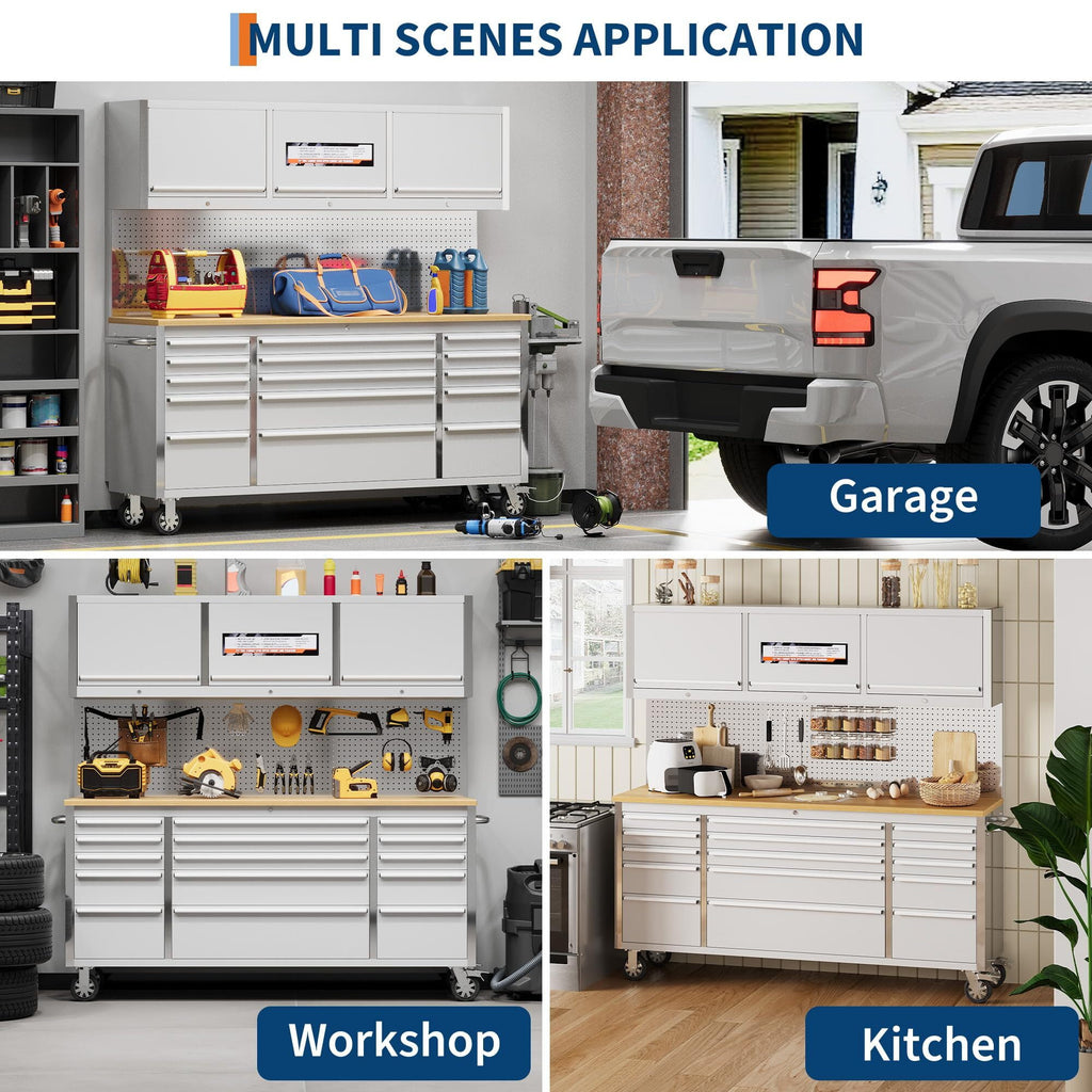 Garvee 61 Tool Chest, Rolling Workbenches with 9 Drawers and Pre-Installed Power Strip for Garage, Workshop, Kitchen