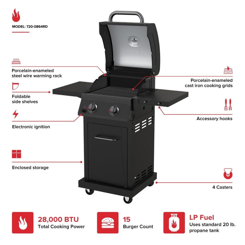 Nexgrill Deluxe 2-Burner Gas Grill with 401 SQ In Grate, 28000 BTUs, Stainless Steel Control Panel & Foldable Side Table, Propane BBQ Grill for Outdoor Cooking, Patios, Backyards and More -720-0864R