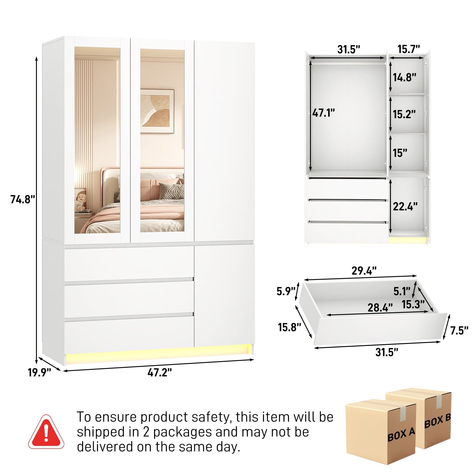 75 Tall 3 Doors Armoire Wardrobe Closet with  3 Drawers and Mirror, Large Wardrobe Closet for Bedroom with LED Lights, Wooden Armoire Storage Cabinet with Hanging Rod, Adjustable shelves (White)