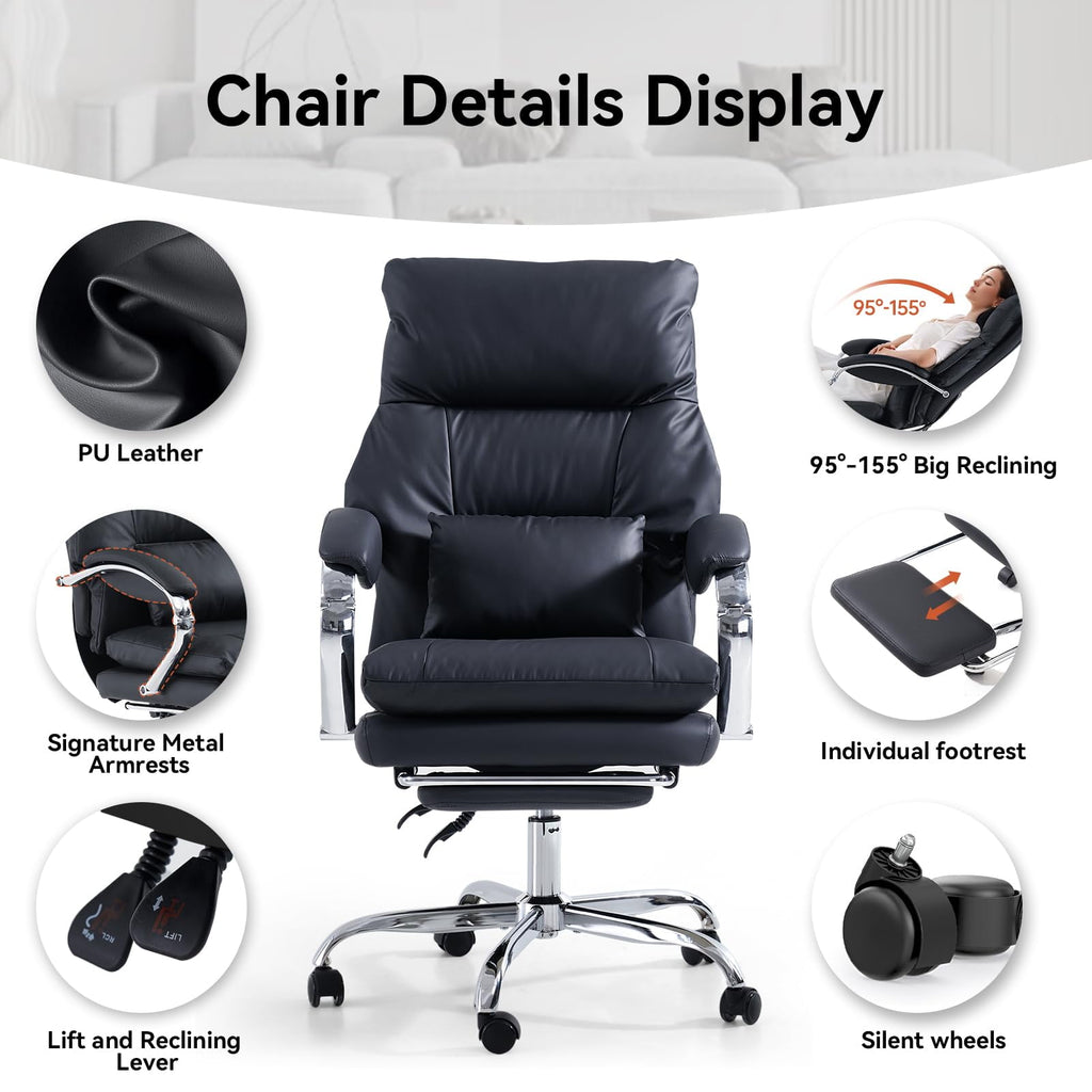 LEAGOO Reclining Office Chair with Foot Rest, Executive Office Chairs with Arms, Ergonomic High Back PU Leather Comfy Swivel Computer Desk Chairs with Wheels and Lumbar Support for Home Office, White