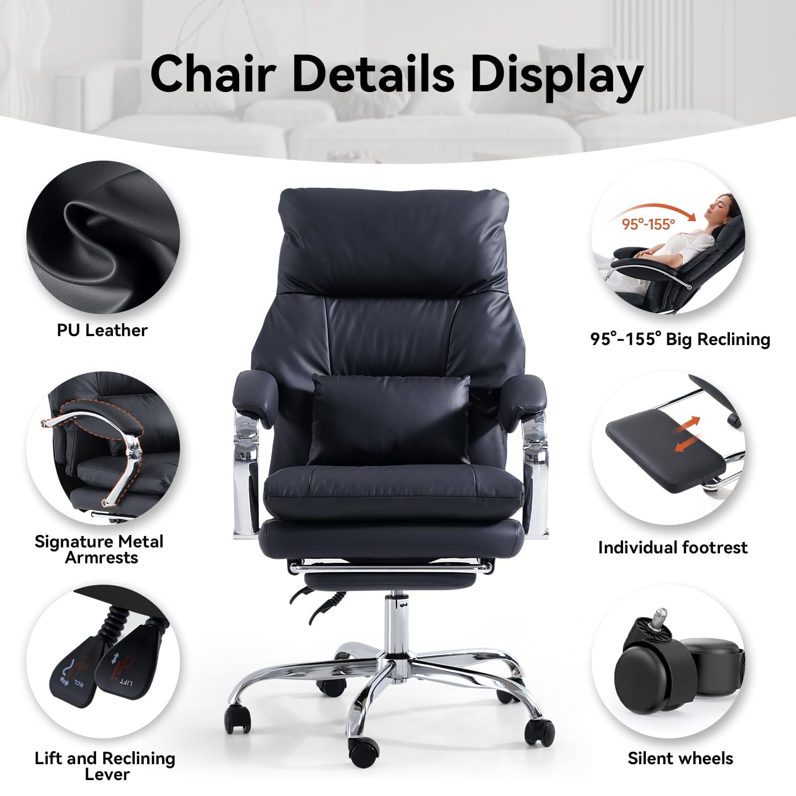 LEAGOO Reclining Office Chair with Foot Rest, Executive Office Chairs with Arms, Ergonomic High Back PU Leather Comfy Swivel Computer Desk Chairs with Wheels and Lumbar Support for Home Office, White