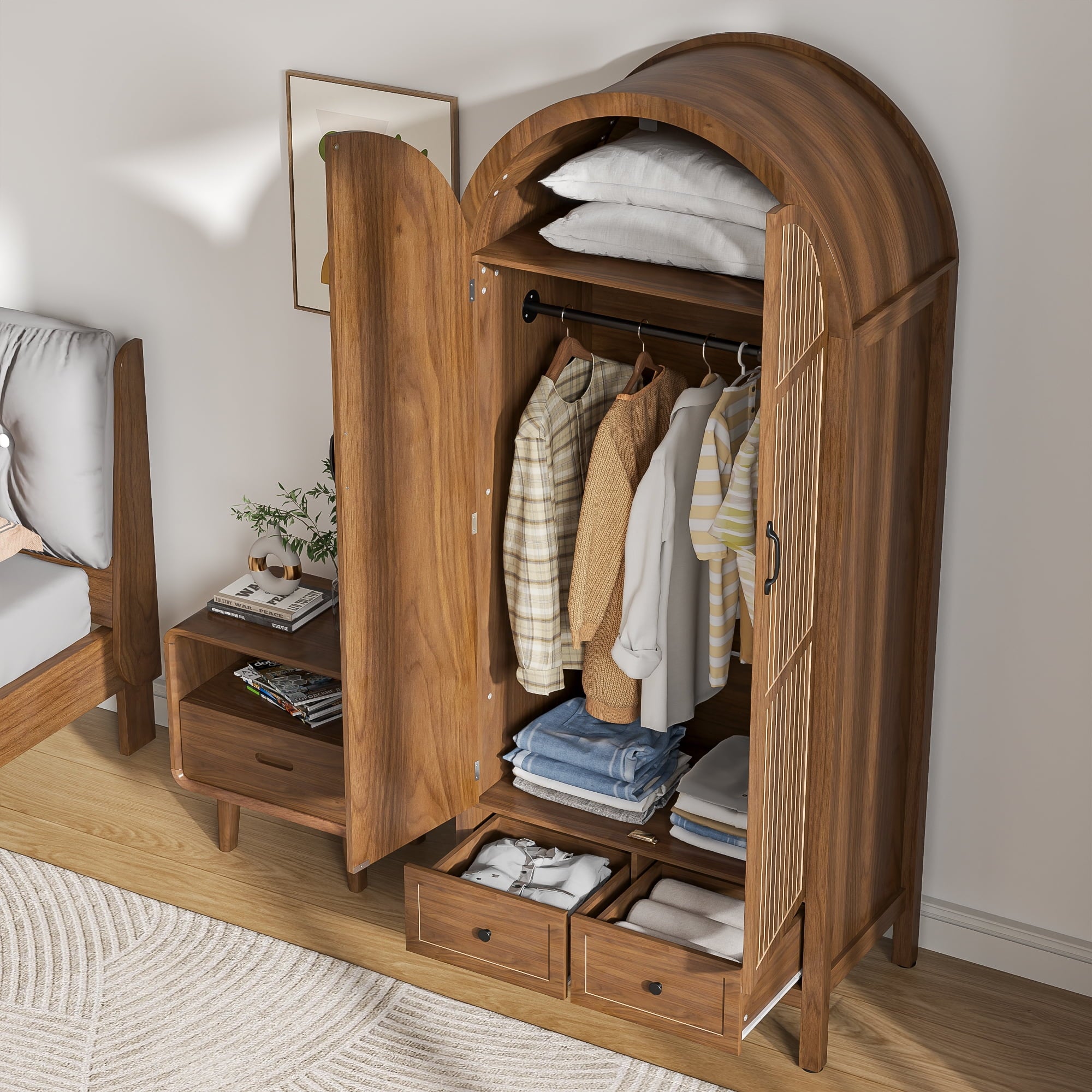 Armoire Wardrobe Closet, Wardrobe Cabinet with Drawers and Hanging Rod, Wooden Armoire Closet for Bedroom, Walnut