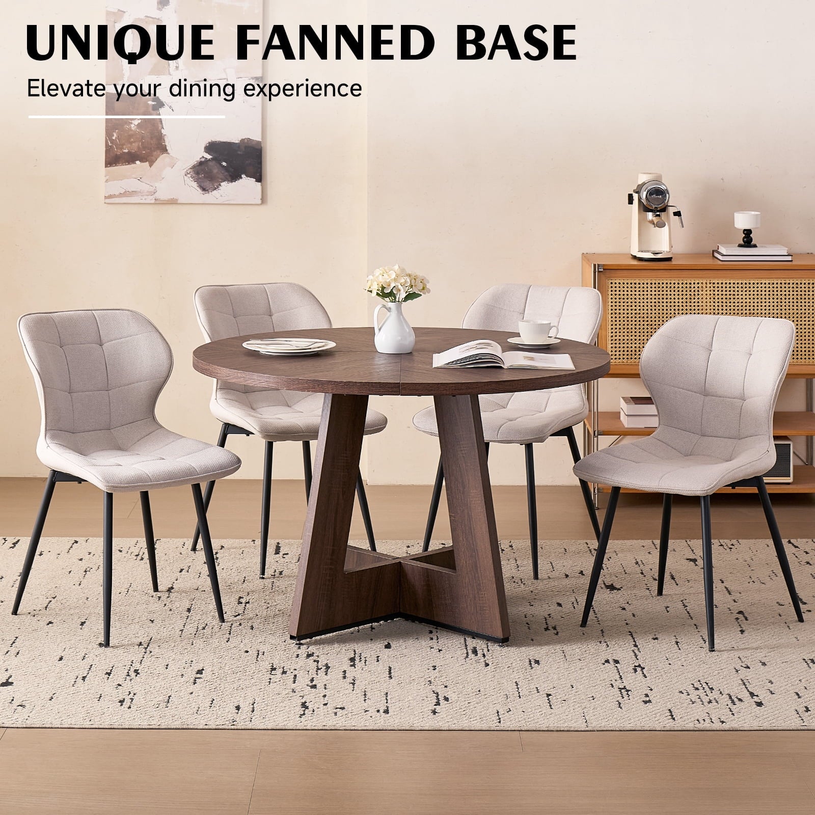 5 Piece 47'' Round Dining Table Chairs Set for 4, Farmhouse Oak Kitchen Table with 4 Boucle Mid Century Modern Dinning Room Chairs, Wood Dinner Table &Upholstered Chair Set of 4, Beige