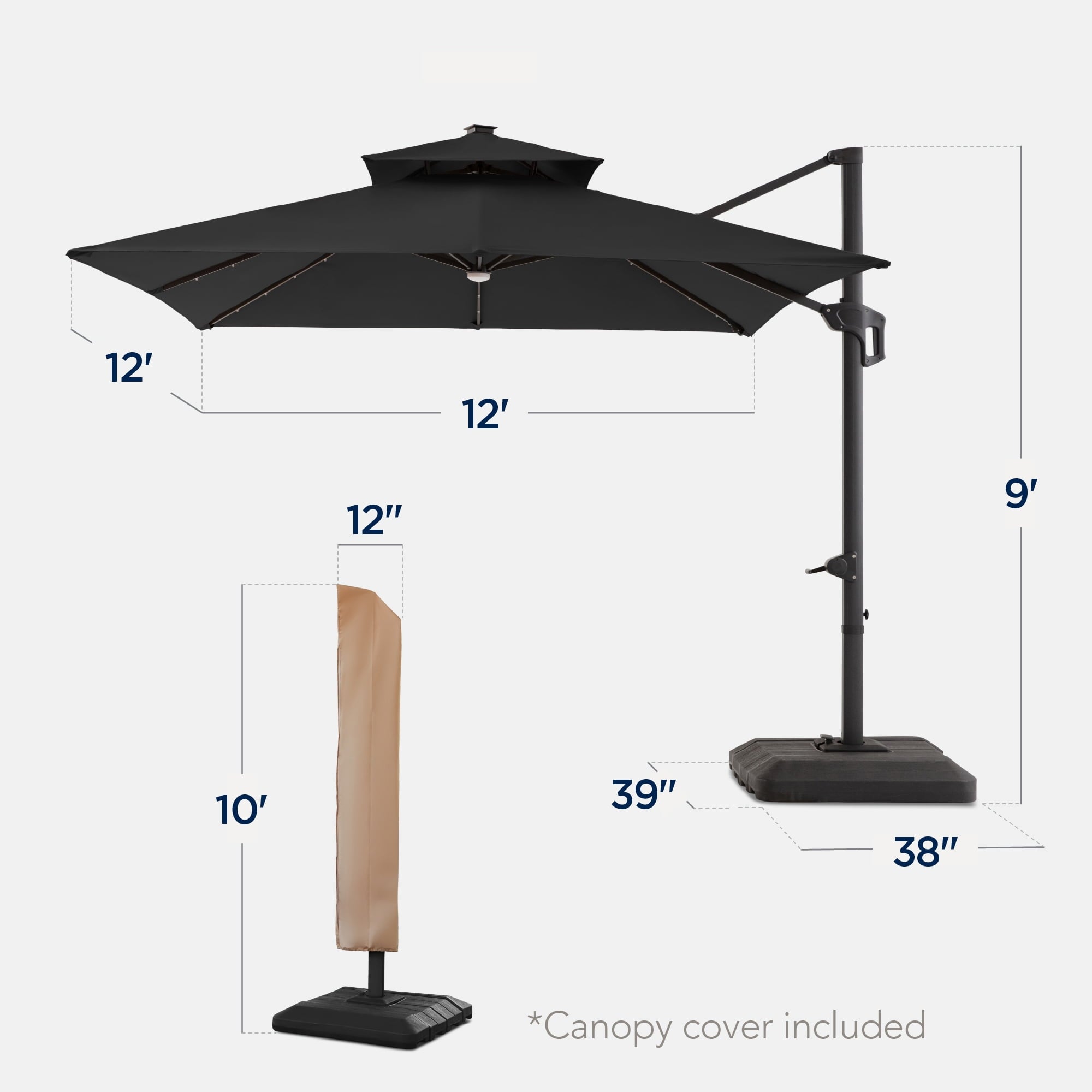Best Choice Products 12x12ft 2-Tier Square Outdoor Solar LED Cantilever Umbrella w/ 360-Rotating Base   Gray