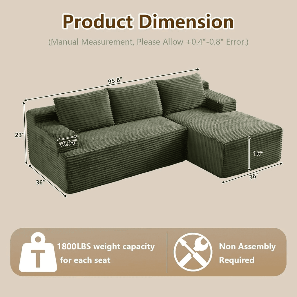 96 L-Shaped Sectional Couches for Living Room, Modular Cloud Couch with Chaise, Corduroy Deep Seat Boneless Sofa, No Assembly, Black
