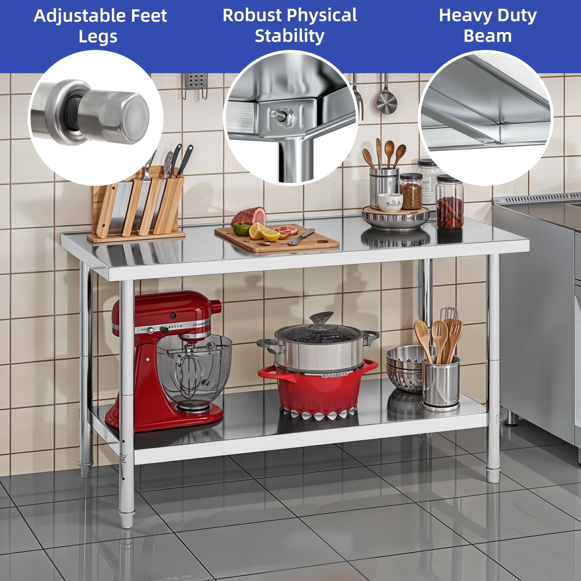 ModFusion 60x24 Heavy-Duty Stainless Steel Workbench with Adjustable Kitchen Rack, 5'x2'x2.8' ft Metal Prep Detailing Table, Home Steel Shelving, Utility Tools