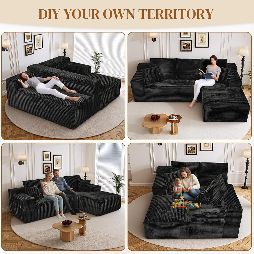 LLappuil 108 Sectional Sofa, Modular Sectional Couch with Left Chaise, Deep Seat Corduroy Cloud Sofa for Living Room Black