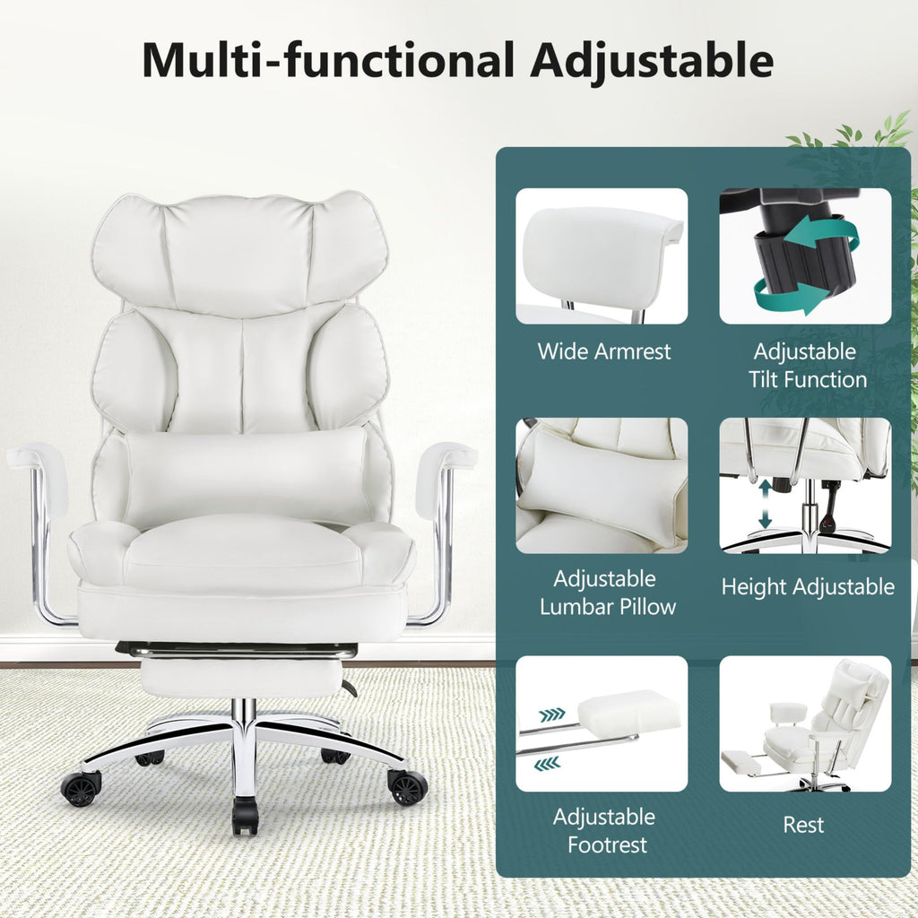edx Executive Home Office Desk Chair, Ergonomic Big Tall High Back with Footrest & Lumbar Support, Reclining Comfy PU Leather Computer Gaming Chair with Swivel Wheels, Height Adjustable, Black