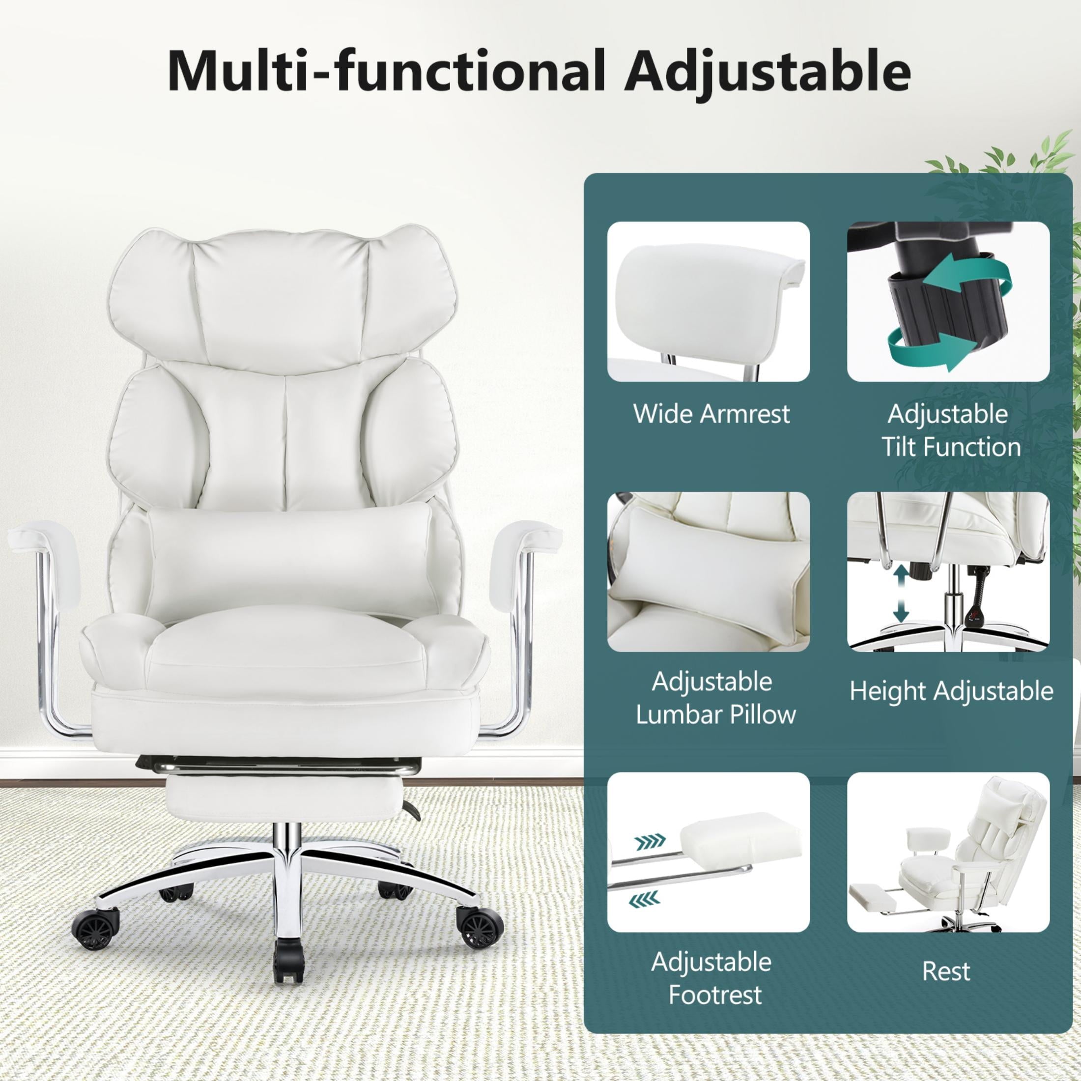 edx Executive Home Office Desk Chair, Ergonomic Big Tall High Back with Footrest & Lumbar Support, Reclining Comfy PU Leather Computer Gaming Chair with Swivel Wheels, Height Adjustable, Black