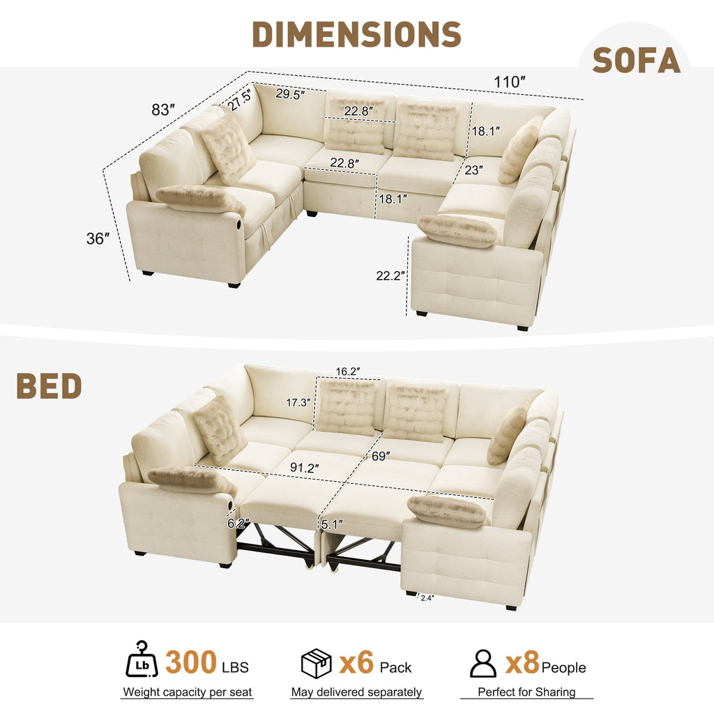 BedLuxury 83 Sectional Sleeper Sofa With Pull Out Bed, Storage Seat & USB Charging, L Shape Modern Couch for Living Room, Corduroy Gray