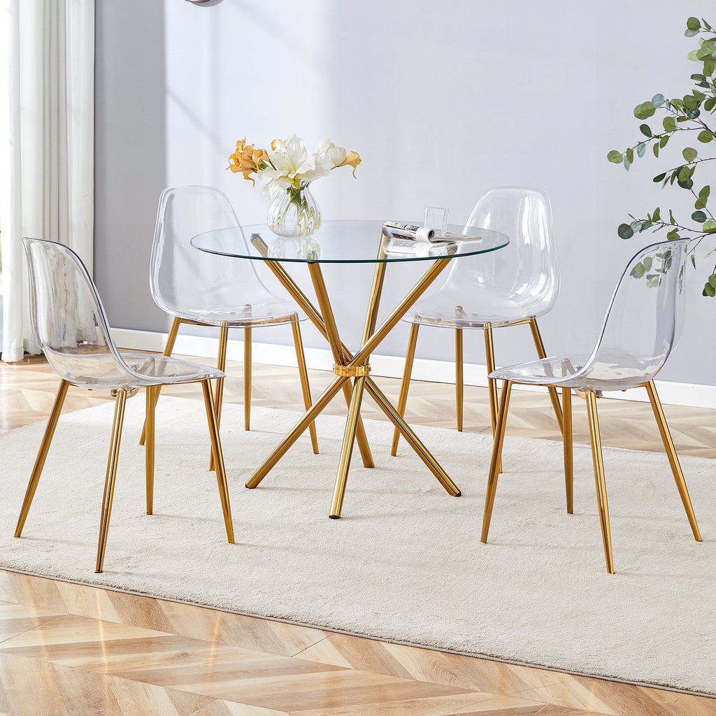 LUFTUT 36.6 Round Glass Dining Table, Modern Gold Base Kitchen Table, Small Space Bistro Table, Clear Tempered Glass Top for Apartmen