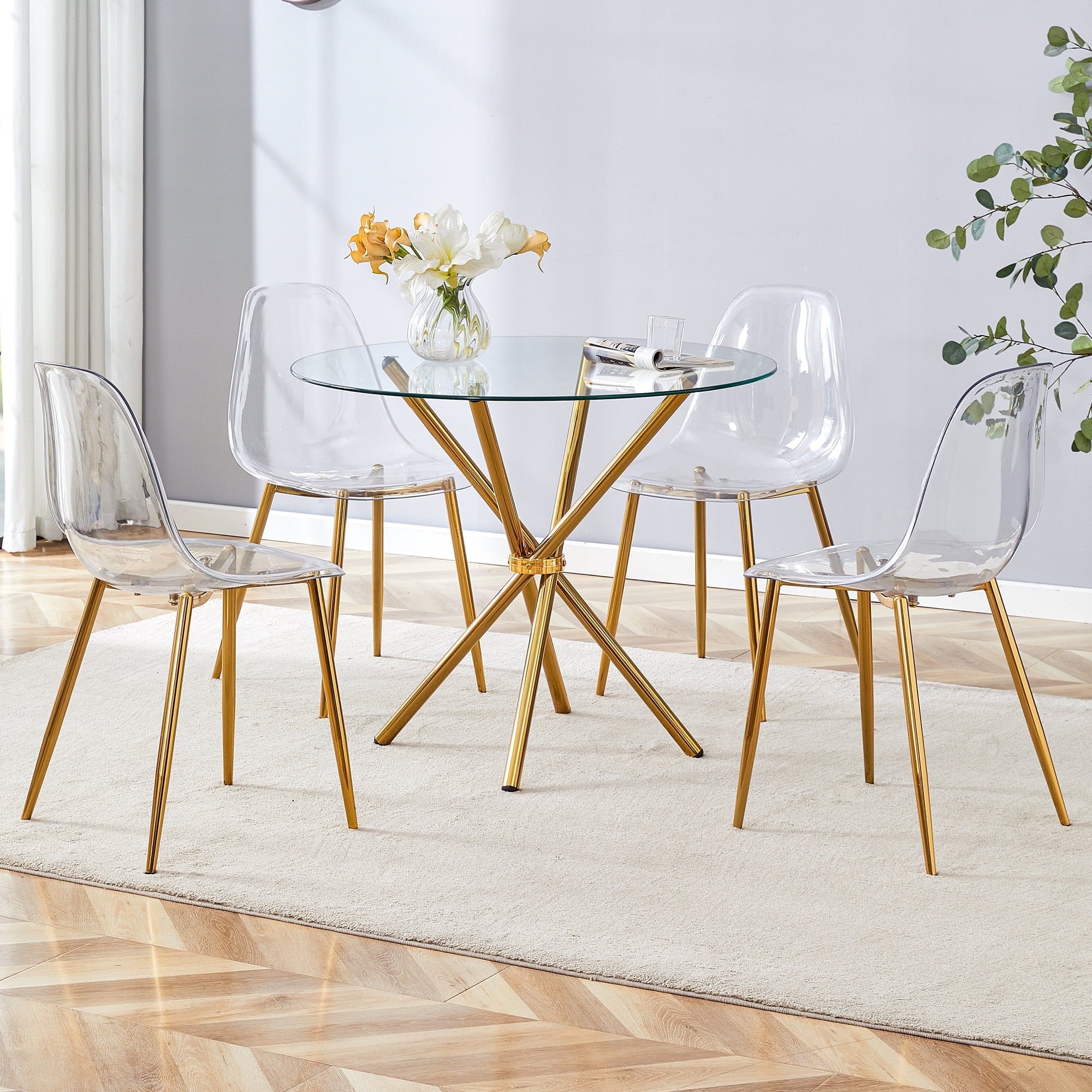 LUFTUT 36.6 Round Glass Dining Table, Modern Gold Base Kitchen Table, Small Space Bistro Table, Clear Tempered Glass Top for Apartmen