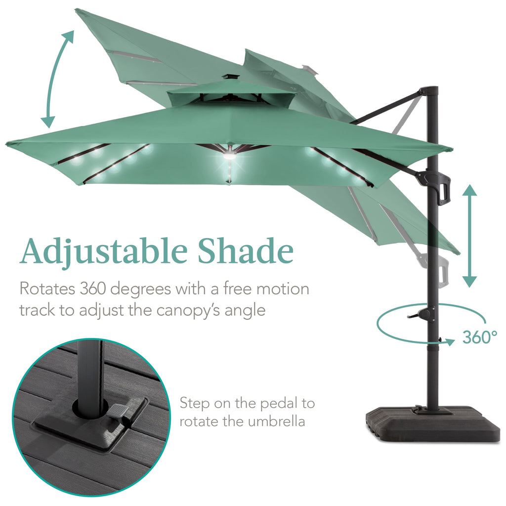Best Choice Products 10x10ft 2-Tier Square Outdoor Solar LED Cantilever Patio Umbrella w/ Base Included - Tan