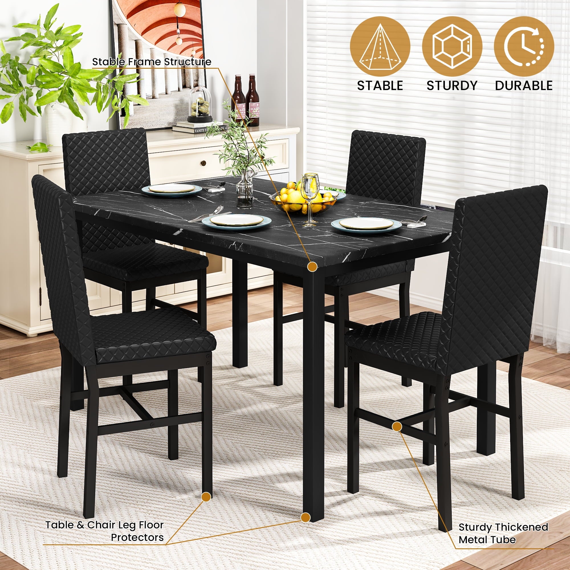 Cvortll 5 Piece Dining Table Set, Kitchen Table and Chairs Set for 4 with Faux Marble and 4 Velvet Upholstered Dining Chairs for Home, Restaurant, Black & Black