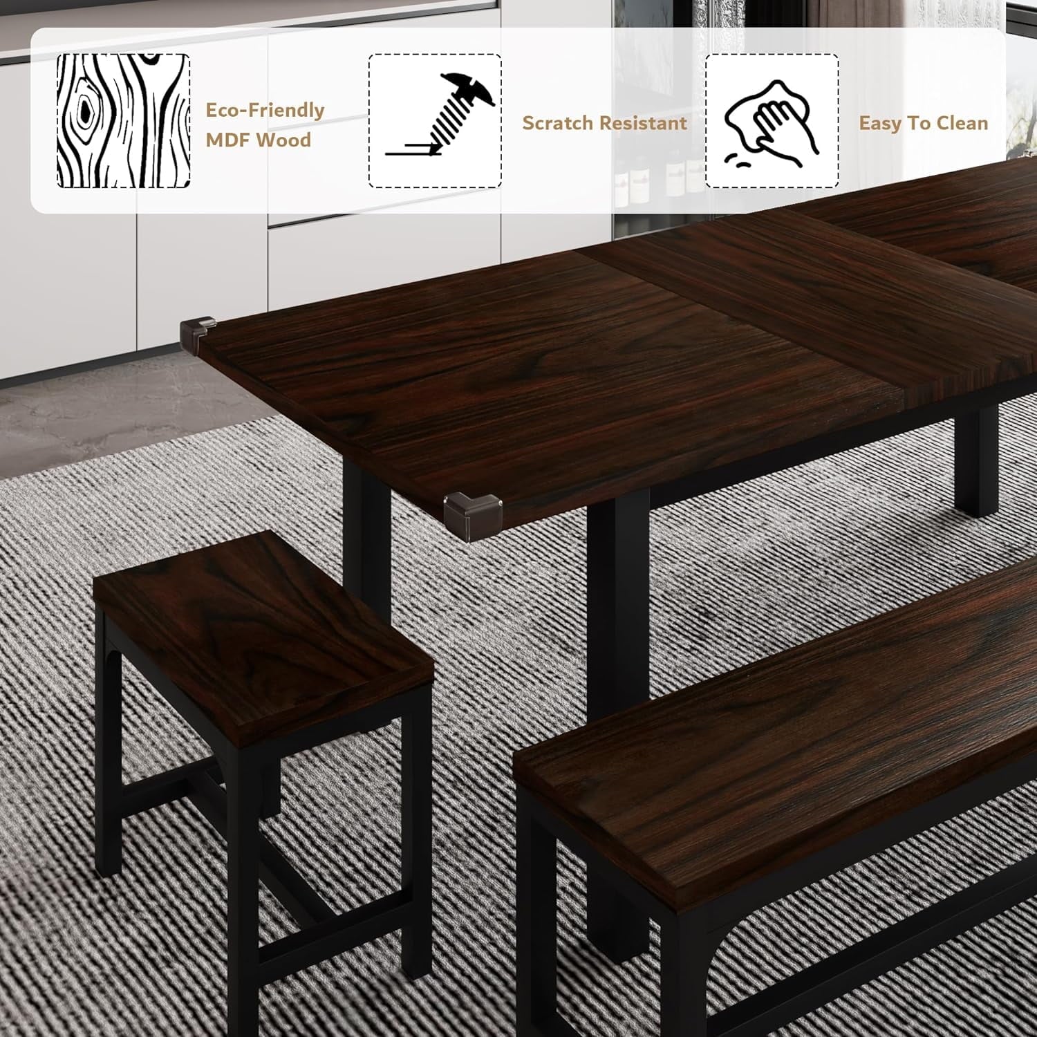 iPormis 5-Piece Dining Table Set for 4-8 People, Extendable Kitchen Table Set with 2 Benches and 2 Square Stools, Espresso
