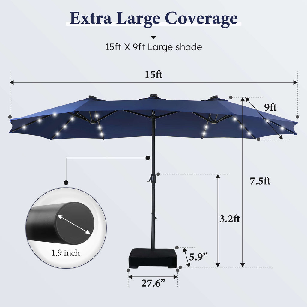 SUMMIT LIVING 15 FT Double-Sided Solar Patio Umbrella with Base Large Outdoor Umbrella with LED Solar Lights - Haze Blue