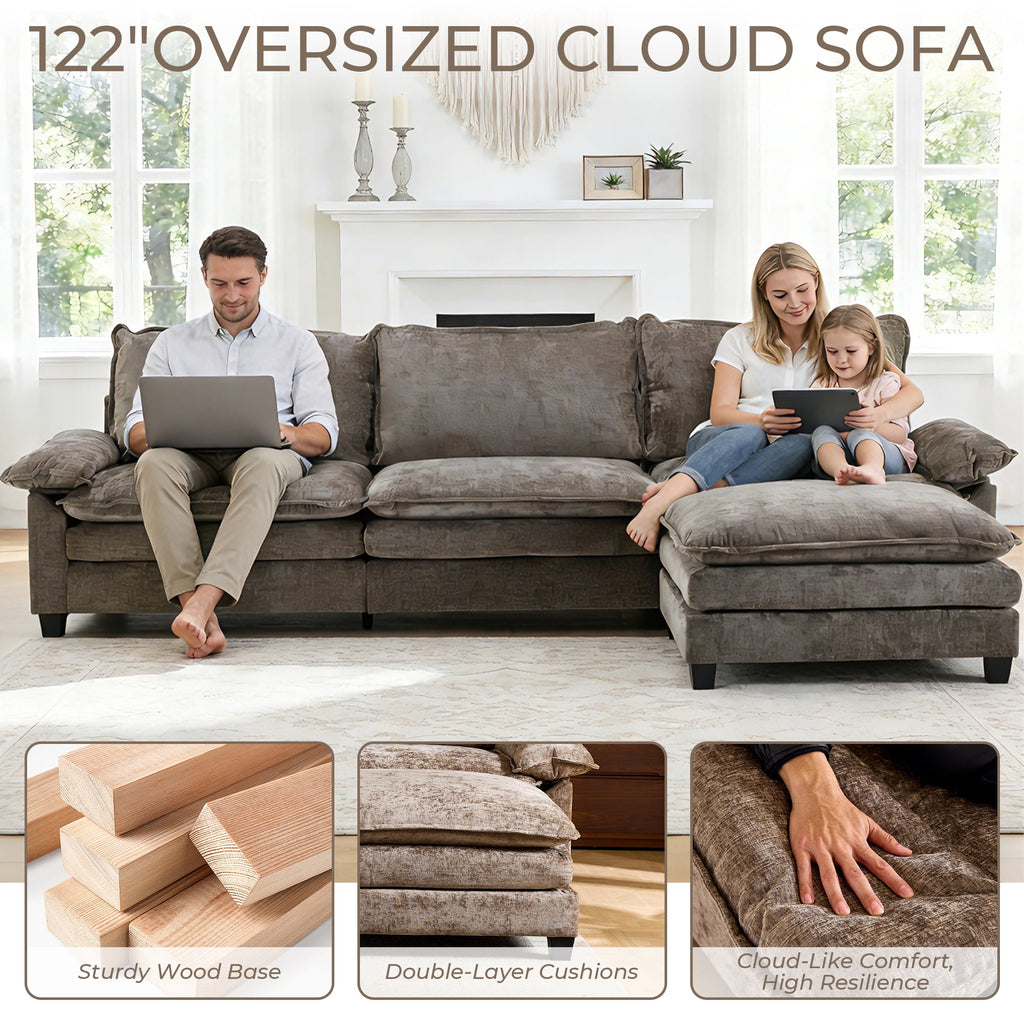 Ktaxon Sectional Sofa L Shaped Couch with Chaise Living Room Sleeper Set, 2 Seats with Chenille and Double Layer Cushions 86 W Beige