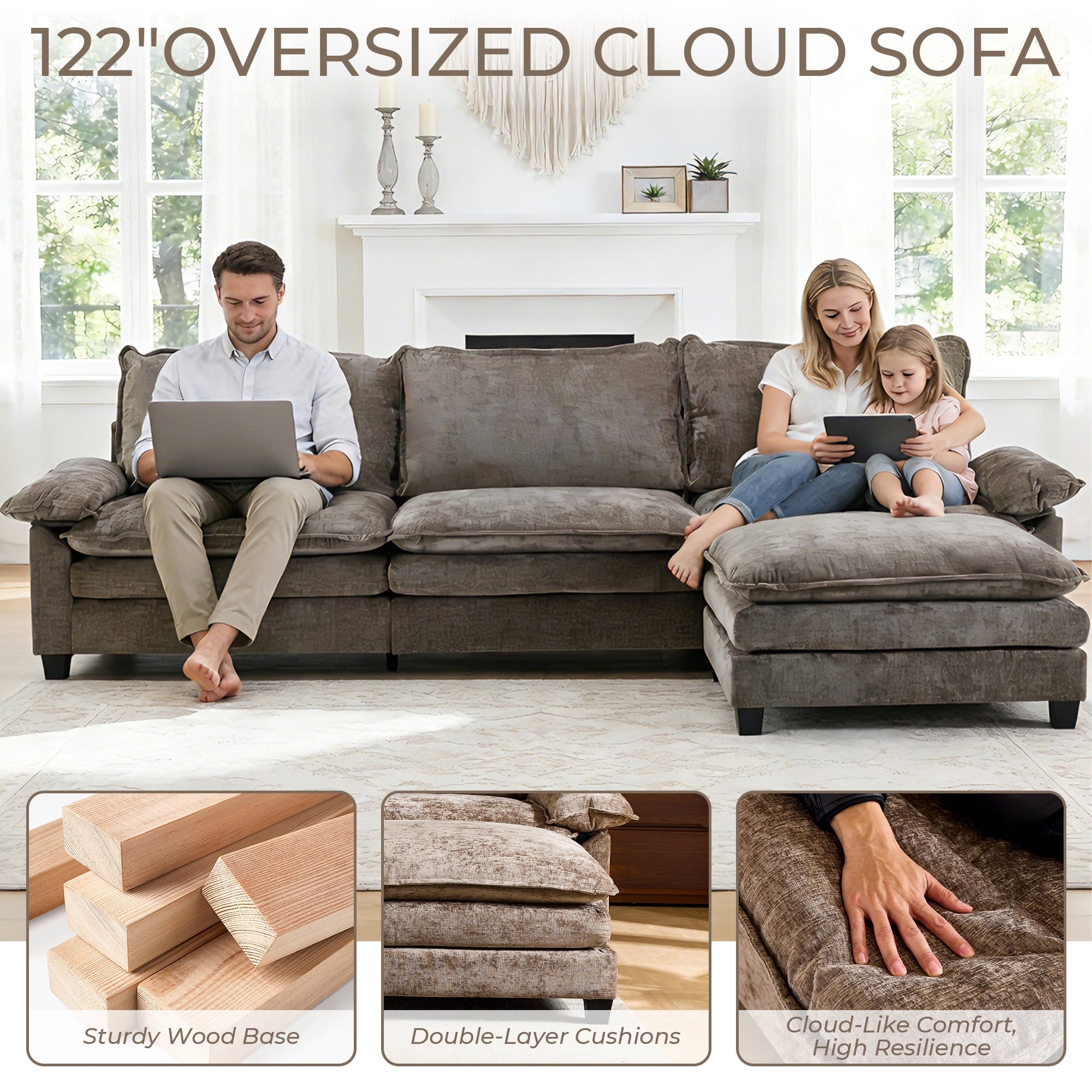 Ktaxon Sectional Sofa L Shaped Couch with Chaise Living Room Sleeper Set, 2 Seats with Chenille and Double Layer Cushions 86 W Beige