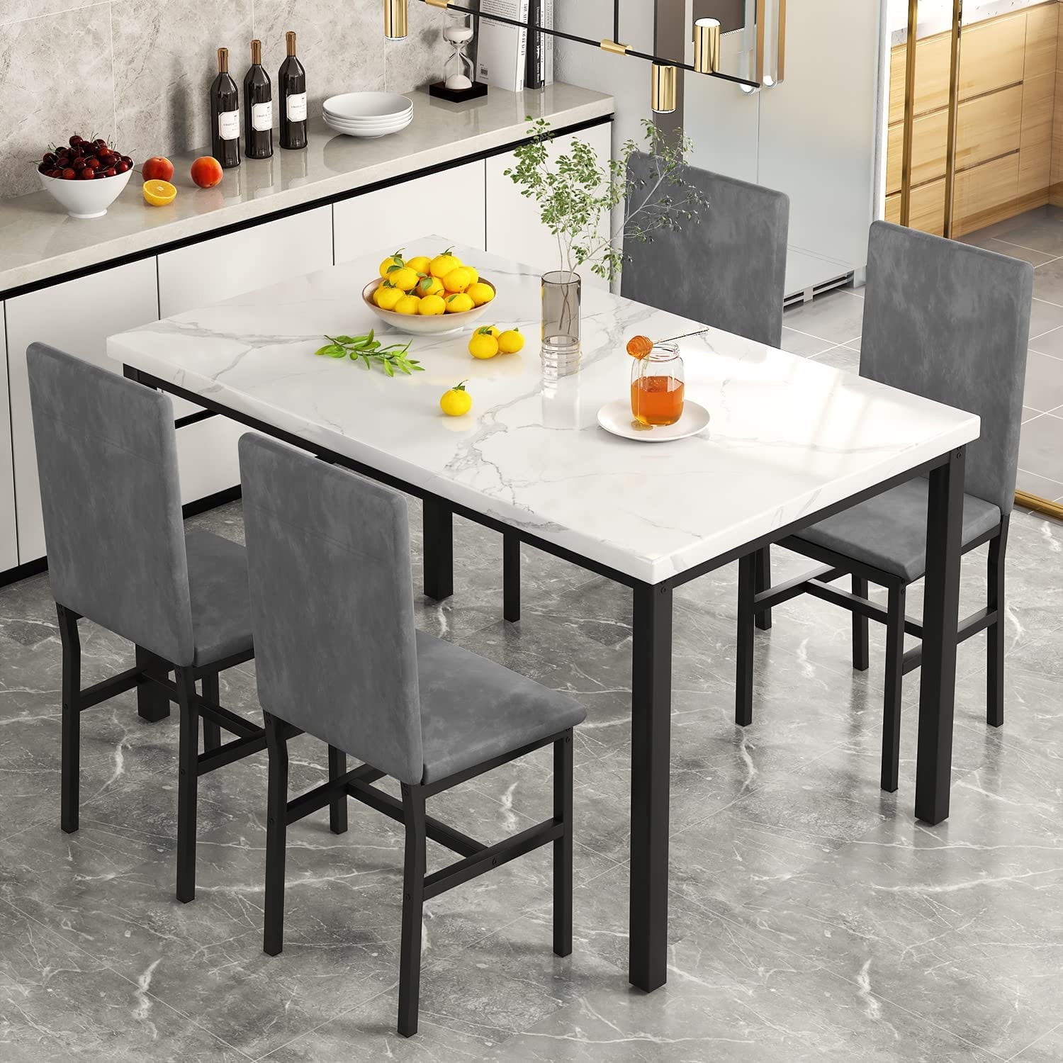 SYNGAR 5 Piece Dining Set, Modern Dining Table and Chairs Set for 4, Kitchen Dining Table Set with Faux Marble Tabletop & 4 Upholstered Chairs, for Small Space, Breakfast Nook, D9224