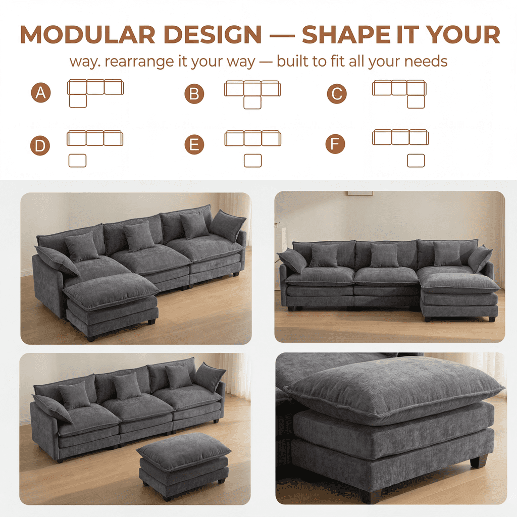Dioepic Cloud Chenille 3-Seat Living Room Sectional Sofa Modern Cloud Couch 111.4 with Ottoman & 3 Pillows, Grey