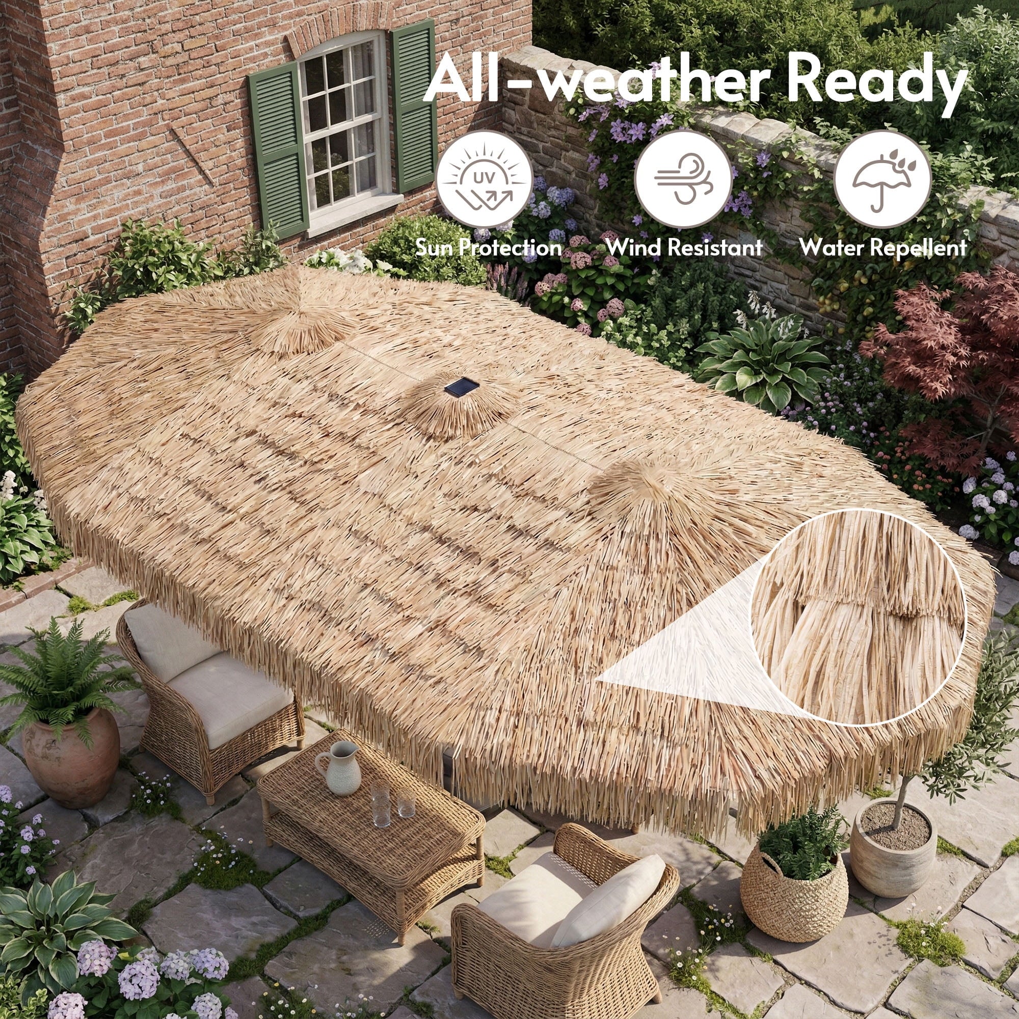 LAZZO 15ft Large Patio Umbrella with Base and Lights, Double-Sided Rectangular Outdoor Deck Umbrella, Tiki Style