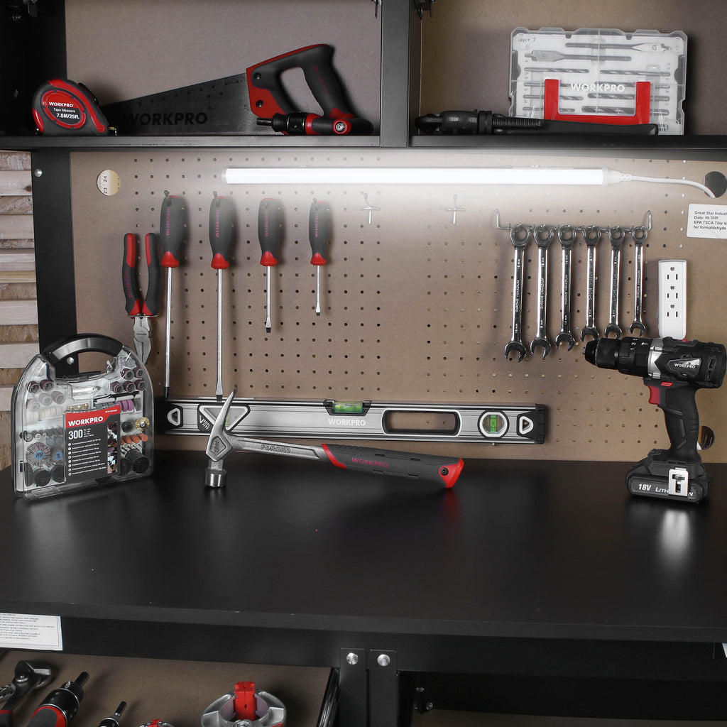 WORKPRO 2-in-1 48-inch Workbench and Cabinet Combo with Light, Steel, Wood