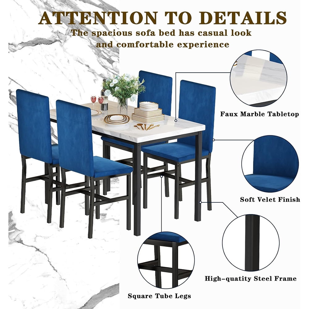 LinkRomat 5-Piece Faux Marble Dining Table Set for 4, Modern Kitchen Table with Chairs, Dinette Dining Room Furniture Set for Compact Space Saving