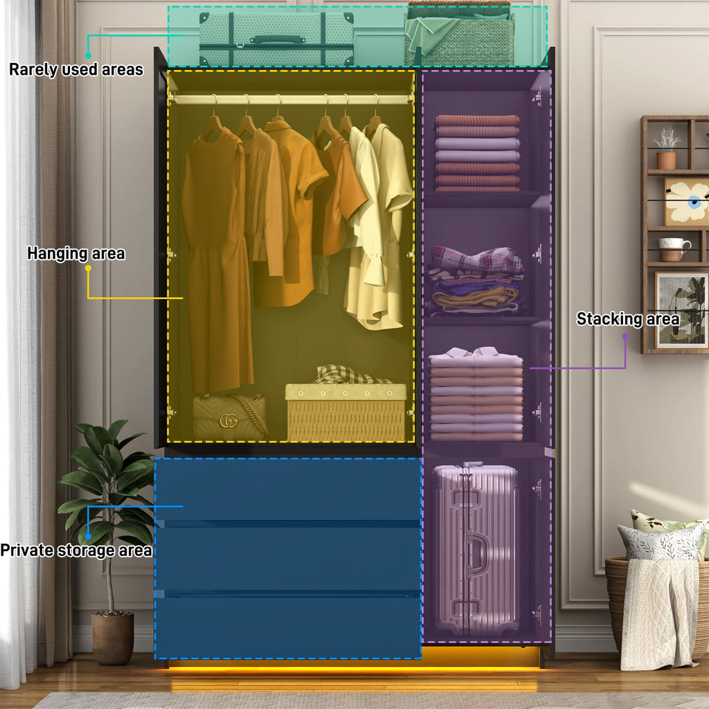 75 Tall 3 Doors Armoire Wardrobe Closet with  3 Drawers and Mirror, Large Wardrobe Closet for Bedroom with LED Lights, Wooden Armoire Storage Cabinet with Hanging Rod, Adjustable shelves (White)