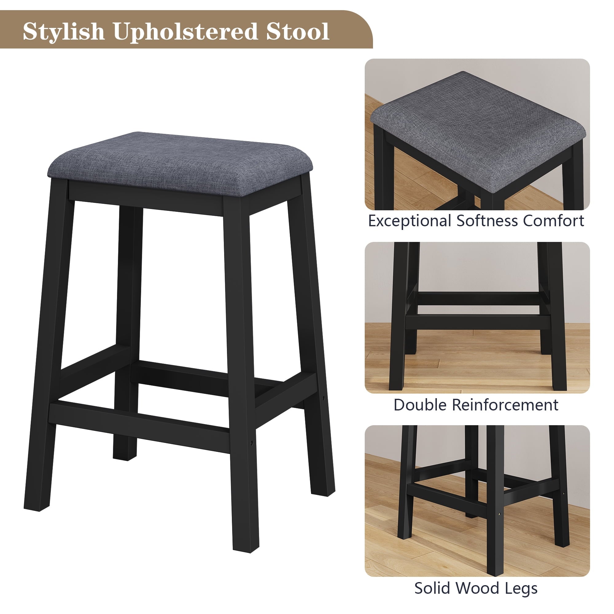HLR 24.8 Bar Stools, Farmhouse Set of 2 Bar Chairs with Cushion for Kitchen, Dining Room, Cafe Black