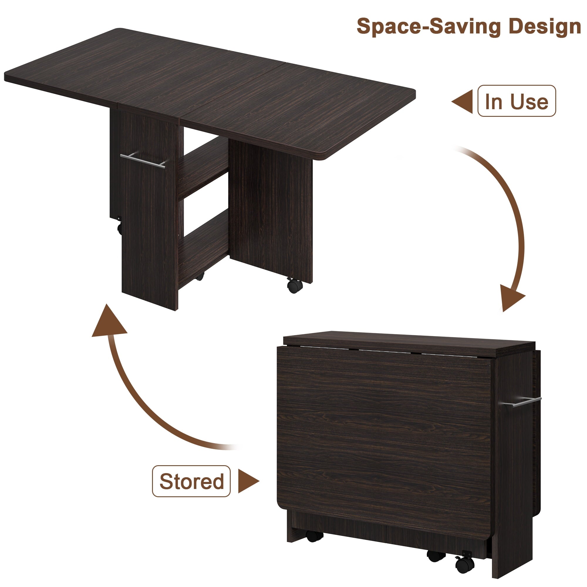 Folding Dining Table with 2 Tier Storage, Extendable Kitchen Table, Drop Leaf Table, Rectangle Dining Room Tables Set for 4, Space Saving Collapsible Expandable Dinner Kitchen Office Furniture