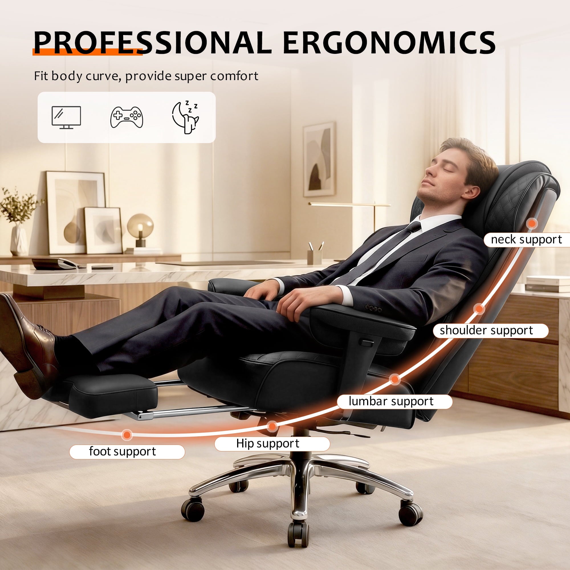 FASTES Office Desk Chair, Big and Tall Office Chair 400lbs Gaming Chair with Footrest, Ergonomic Executive High-Back Reclining Computer Chairs, Swivel Wheels and Lumbar Support, Black