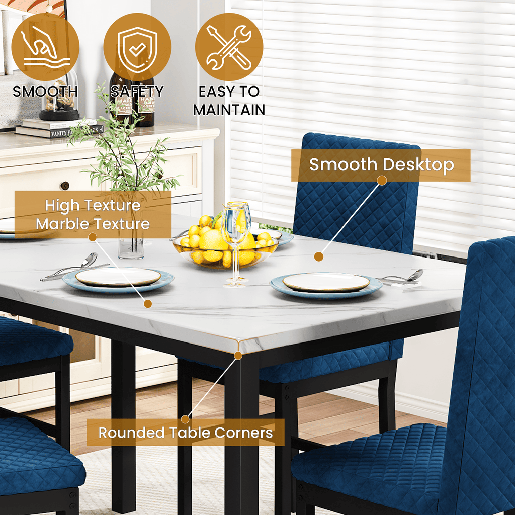 Cvortll 5 Piece Dining Table Set, Kitchen Table and Chairs Set for 4 with Faux Marble and 4 Velvet Upholstered Dining Chairs for Home, Restaurant, Black & Black