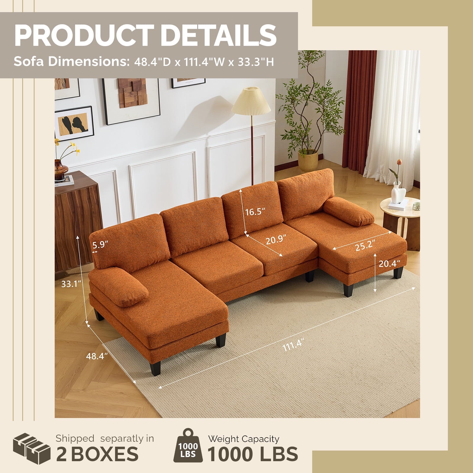 Ktaxon U-Shaped Sectional Sofa Set with Chaise, 4-Seater Blended Chenille Couch for Living Room, Apartment, Easy Assembly Khaki