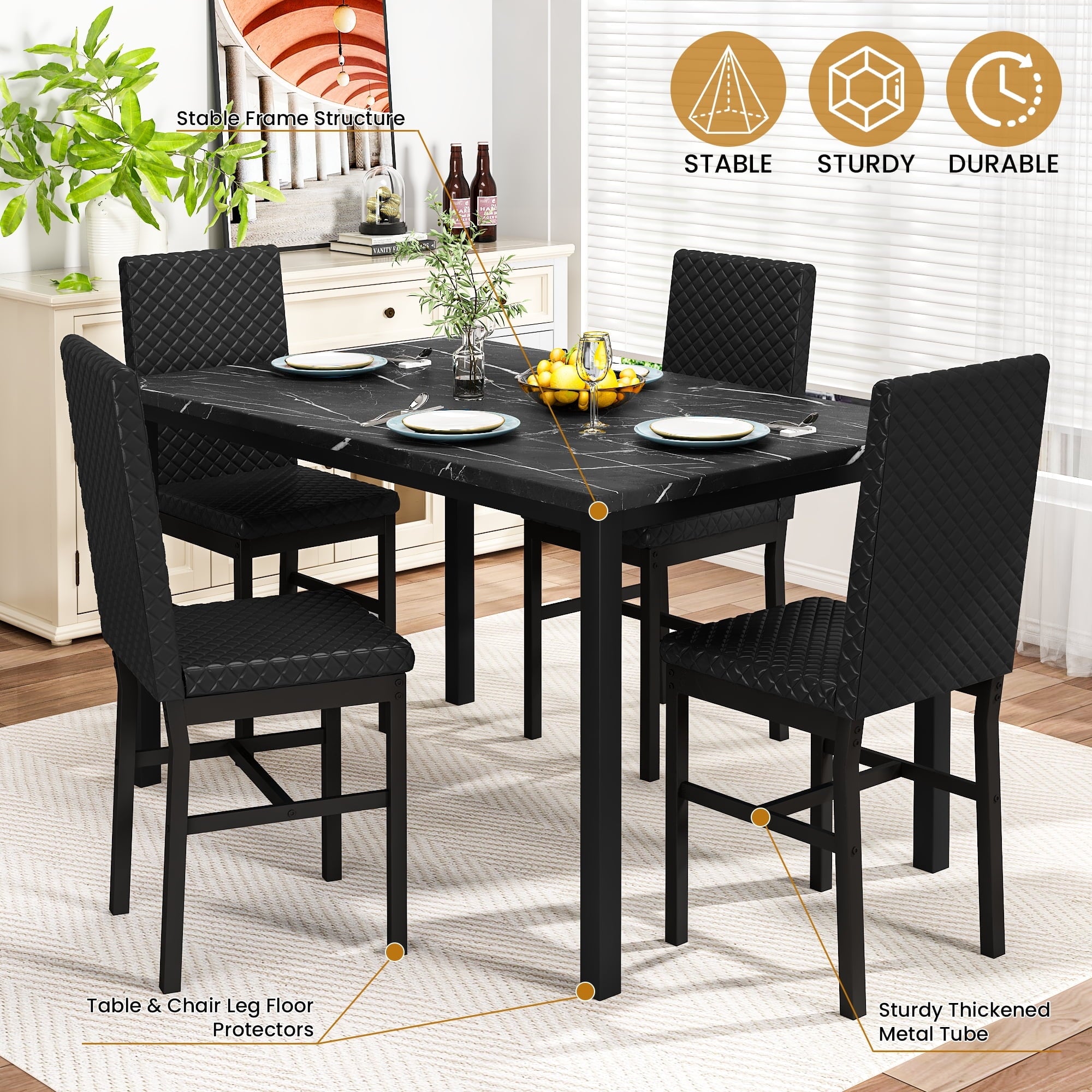 Baxluxe Dining Table Set for 4, Modern 5 Piece Dining Table Set, Faux Marble Kitchen Table and 4 Velvet Upholstered Chairs for Apartments, Dining Rooms, Small Spaces, Gray